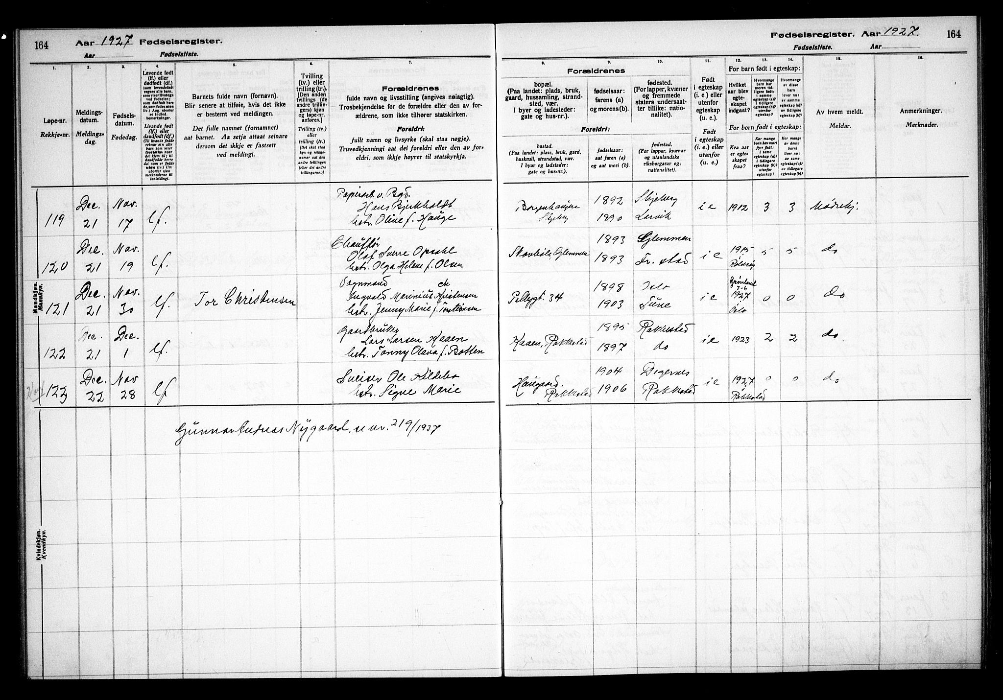 Sarpsborg prestekontor Kirkebøker, AV/SAO-A-2006/J/Ja/L0002: Fødselsregister nr. 2, 1922-1928, s. 164