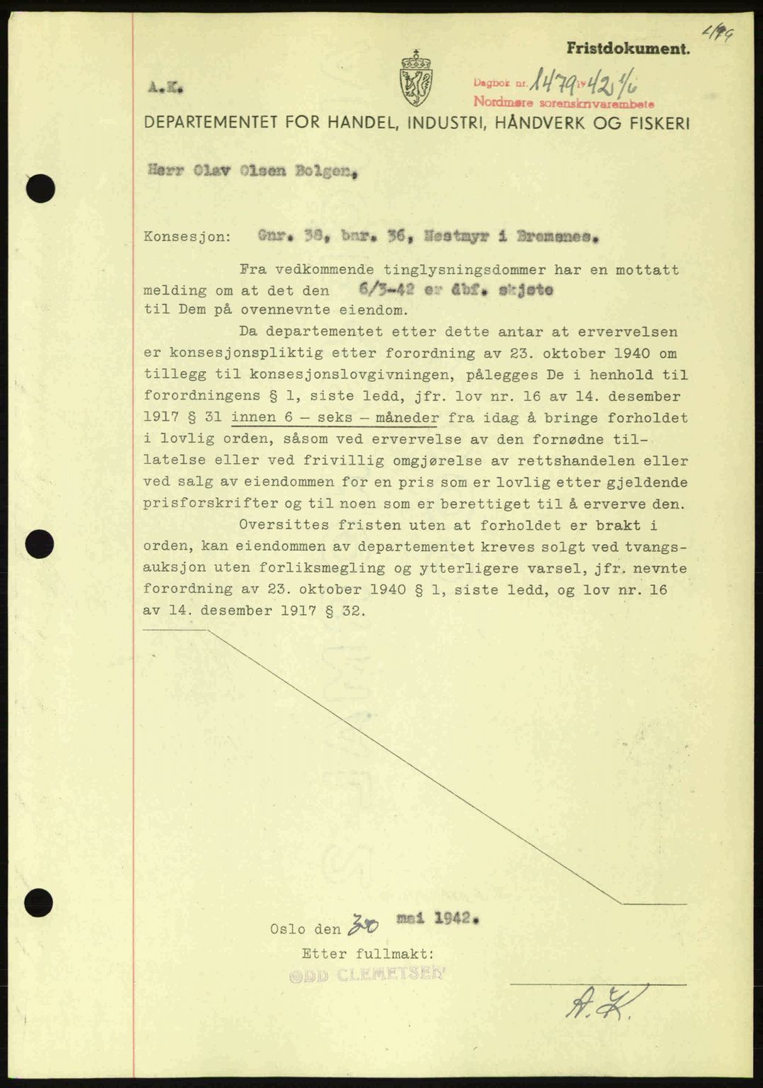 Nordmøre sorenskriveri, AV/SAT-A-4132/1/2/2Ca: Pantebok nr. B89, 1942-1942, Dagboknr: 1479/1942