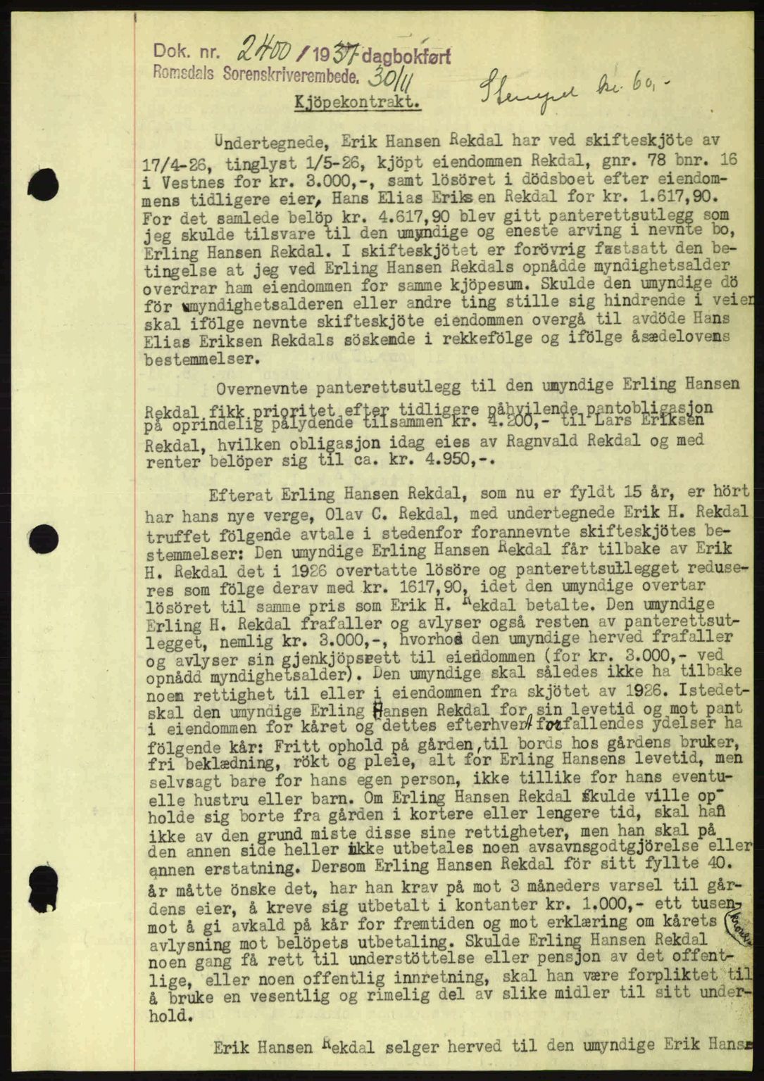Romsdal sorenskriveri, SAT/A-4149/1/2/2C: Pantebok nr. A4, 1937-1938, Dagboknr: 2400/1937