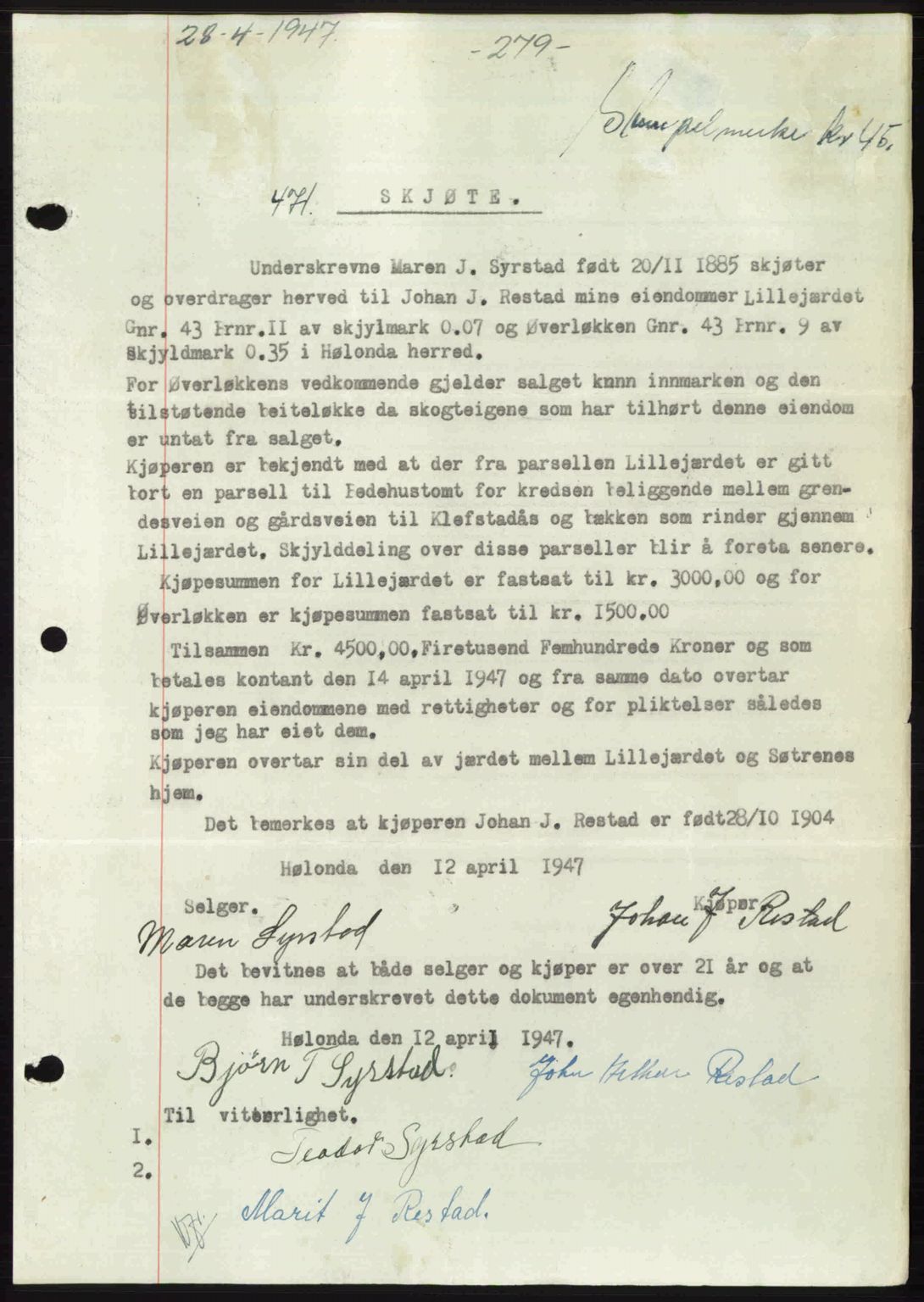 Gauldal sorenskriveri, SAT/A-0014/1/2/2C: Pantebok nr. A3, 1947-1947, Dagboknr: 471/1947