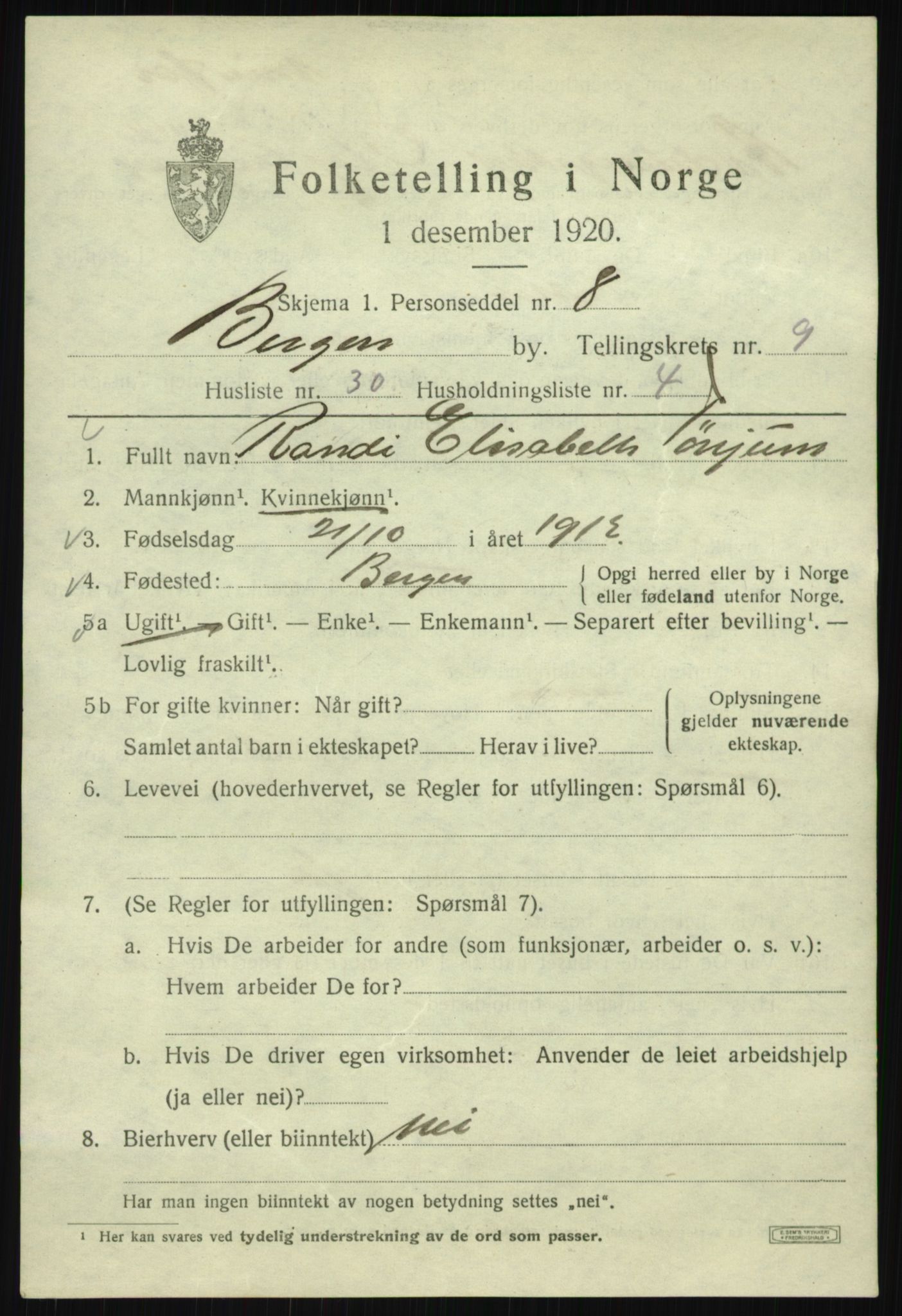 SAB, Folketelling 1920 for 1301 Bergen kjøpstad, 1920, s. 71319