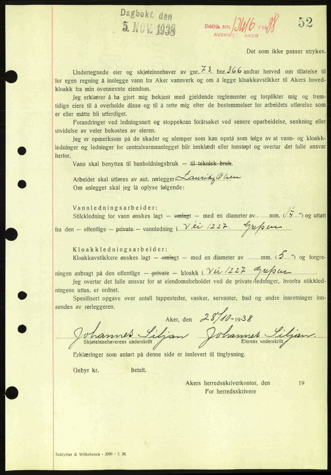 Aker herredsskriveri, AV/SAO-A-10896/G/Gb/Gba/Gbab/L0026: Pantebok nr. A155, 1938-1938, Dagboknr: 13616/1938