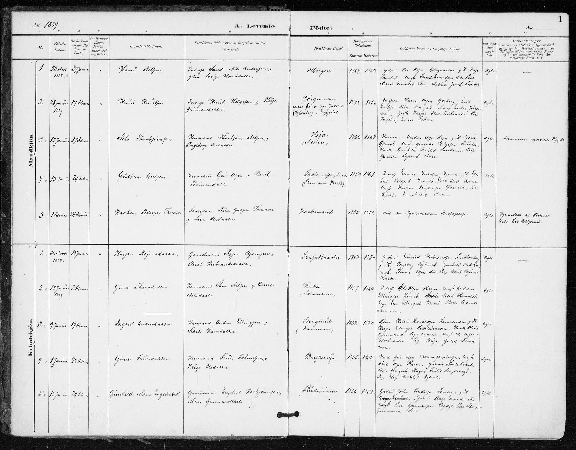 Krødsherad kirkebøker, AV/SAKO-A-19/F/Fa/L0006: Ministerialbok nr. 6, 1889-1899, s. 1