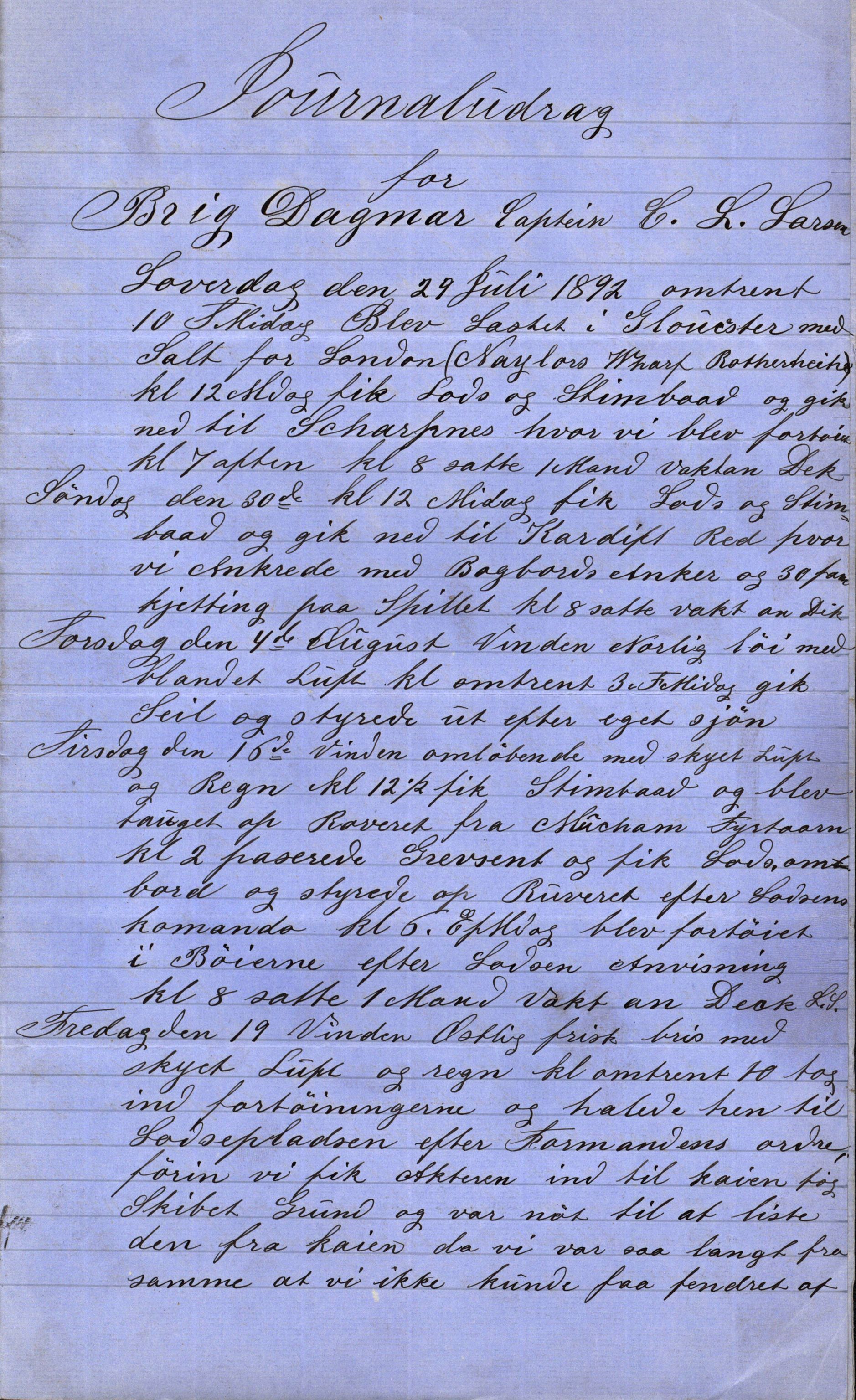 Pa 63 - Østlandske skibsassuranceforening, VEMU/A-1079/G/Ga/L0029/0006: Havaridokumenter / Alart, Aleyon, Agra, Dagmar, Minerva, Eugine, 1892