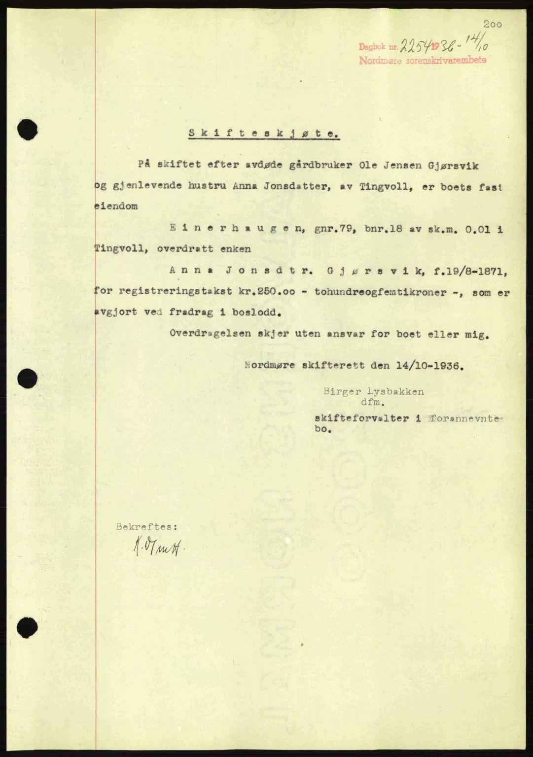 Nordmøre sorenskriveri, SAT/A-4132/1/2/2Ca: Pantebok nr. A80, 1936-1937, Dagboknr: 2254/1936