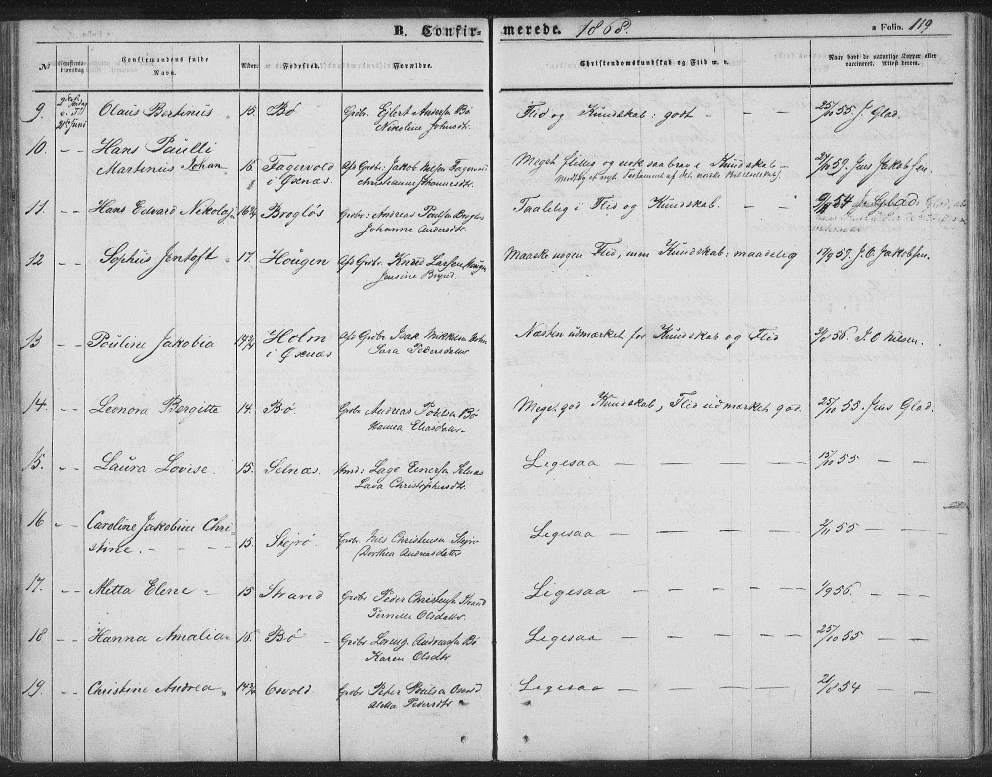 Ministerialprotokoller, klokkerbøker og fødselsregistre - Nordland, AV/SAT-A-1459/895/L1369: Ministerialbok nr. 895A04, 1852-1872, s. 119