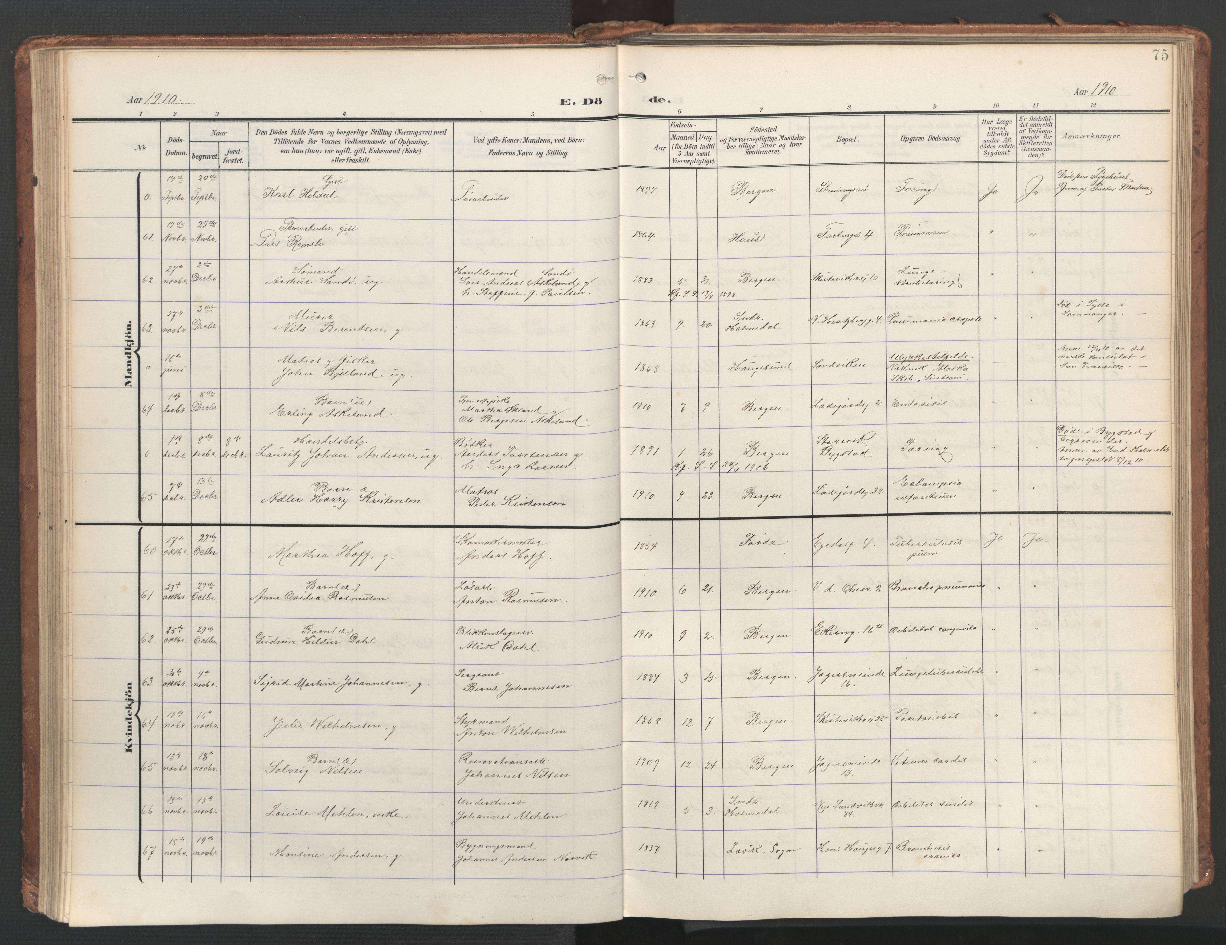 Sandviken Sokneprestembete, AV/SAB-A-77601/H/Ha/L0019: Ministerialbok nr. E 2, 1905-1933, s. 75