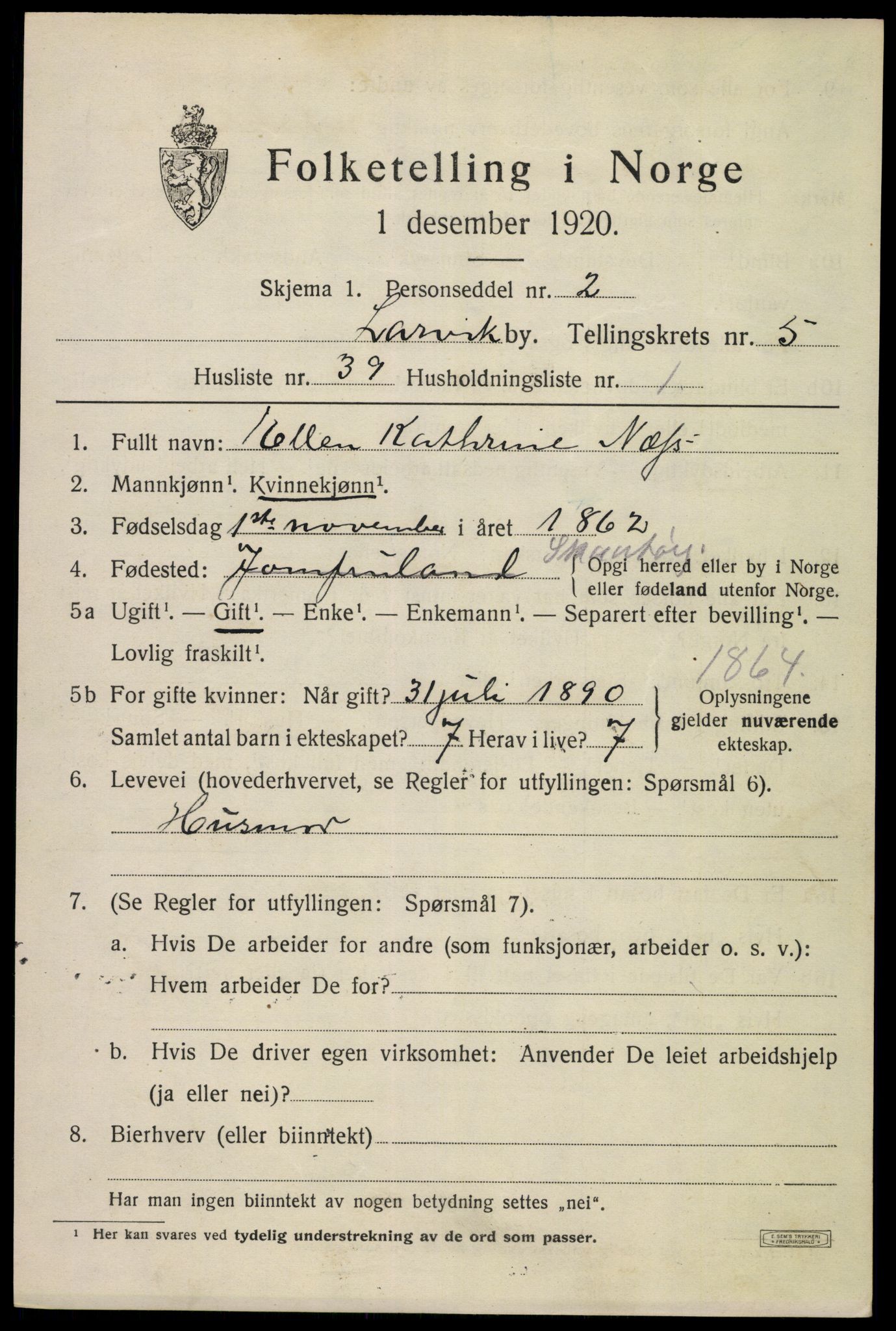 SAKO, Folketelling 1920 for 0707 Larvik kjøpstad, 1920, s. 16684