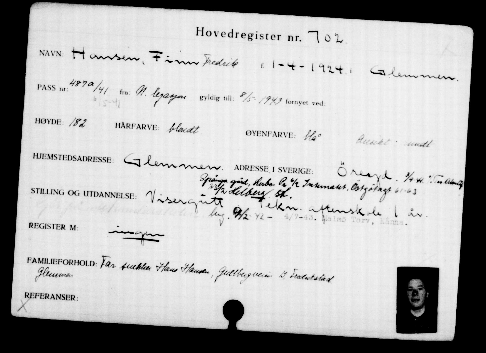Utenriksstasjonene, Legasjonen i Stockholm, Flyktningkontoret, AV/RA-S-6753/V/Va/L0001: Kjesäterkartoteket, flyktninger med registreringsnr. 1-1000, 1940-1945, s. 1100