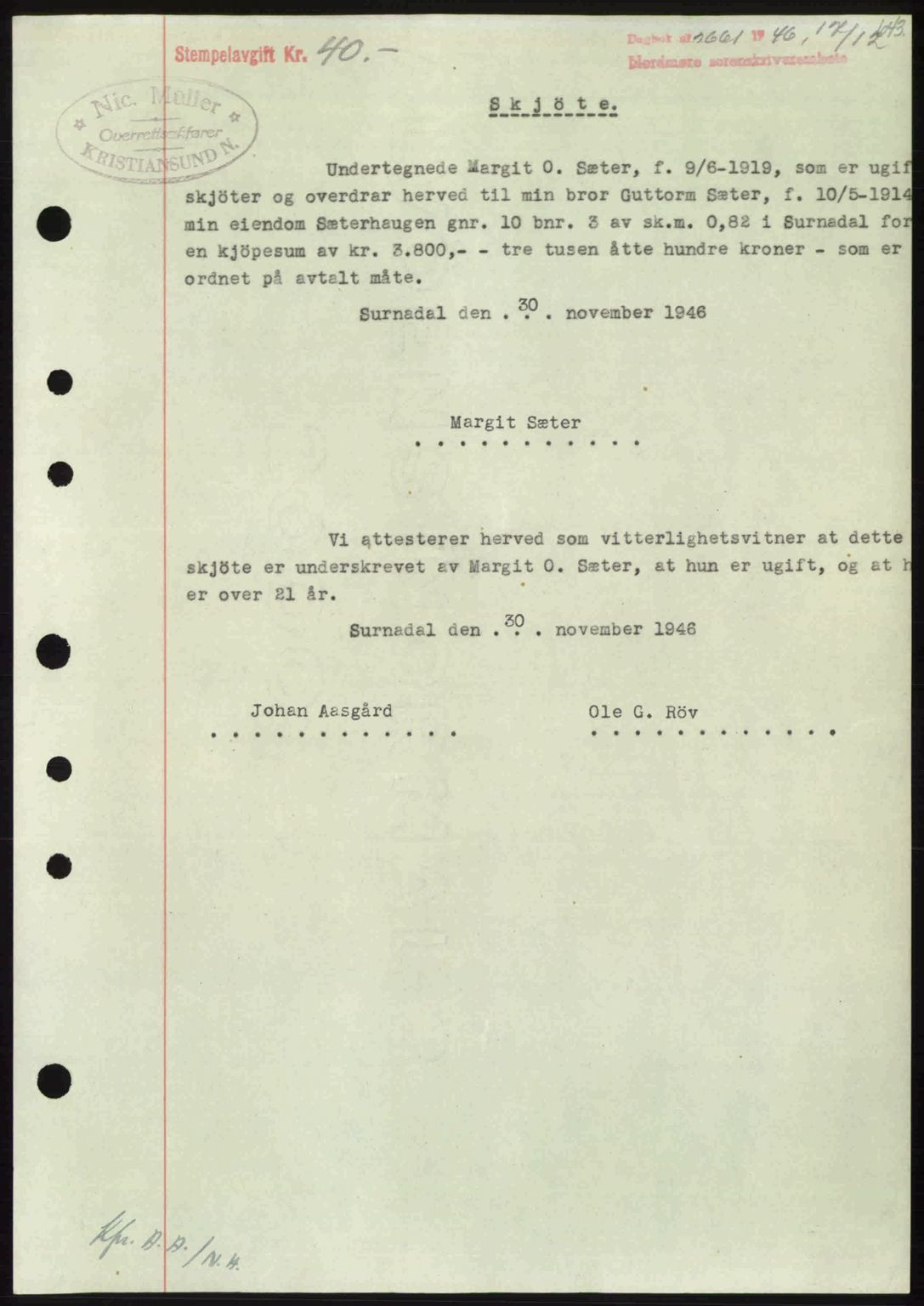 Nordmøre sorenskriveri, SAT/A-4132/1/2/2Ca: Pantebok nr. A103, 1946-1947, Dagboknr: 2661/1946