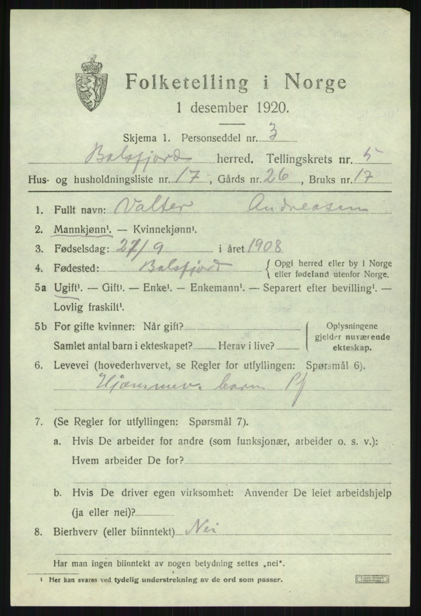 SATØ, Folketelling 1920 for 1933 Balsfjord herred, 1920, s. 3314
