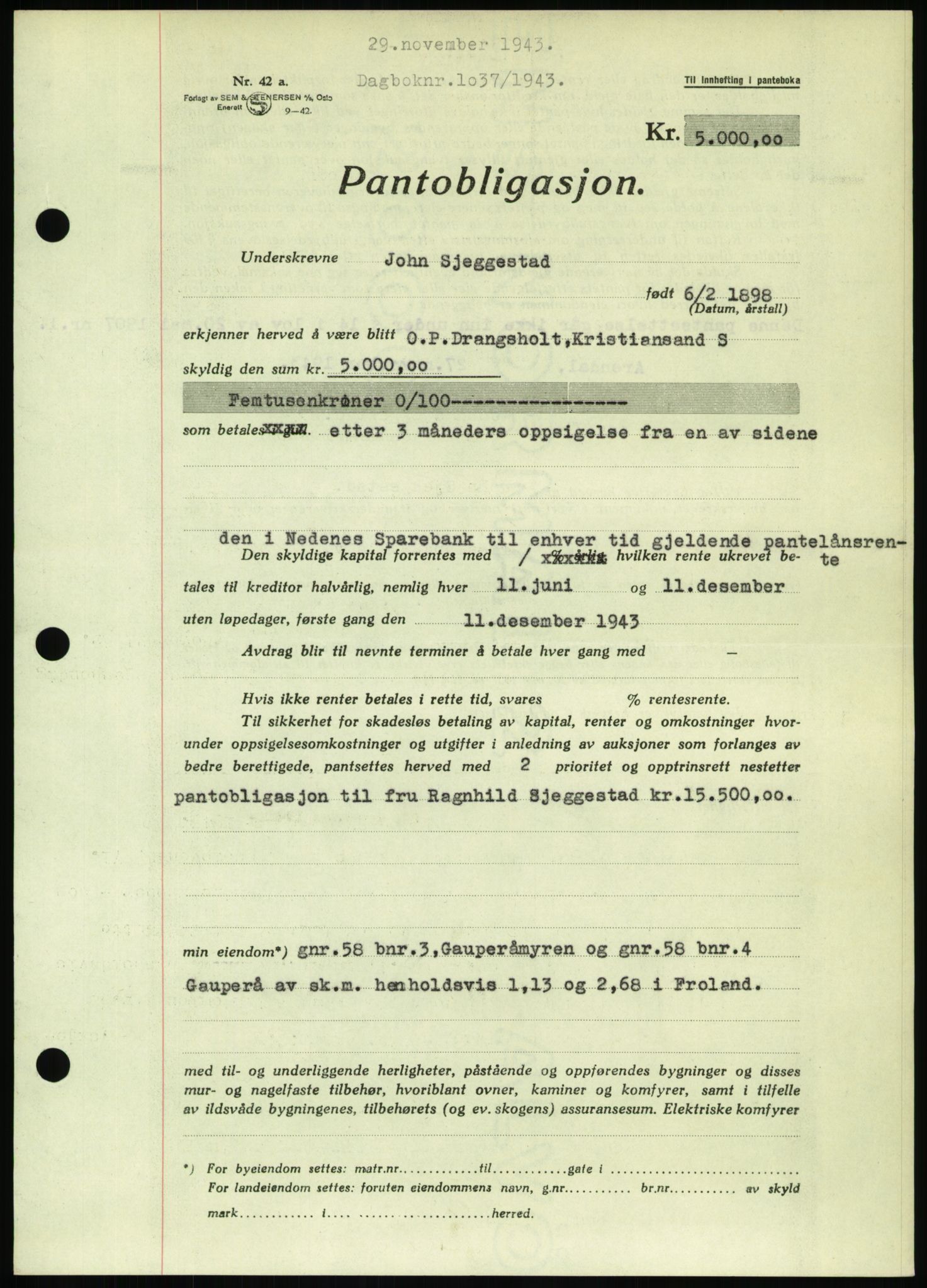 Nedenes sorenskriveri, SAK/1221-0006/G/Gb/Gbb/L0002: Pantebok nr. II, 1942-1945, Dagboknr: 1037/1943