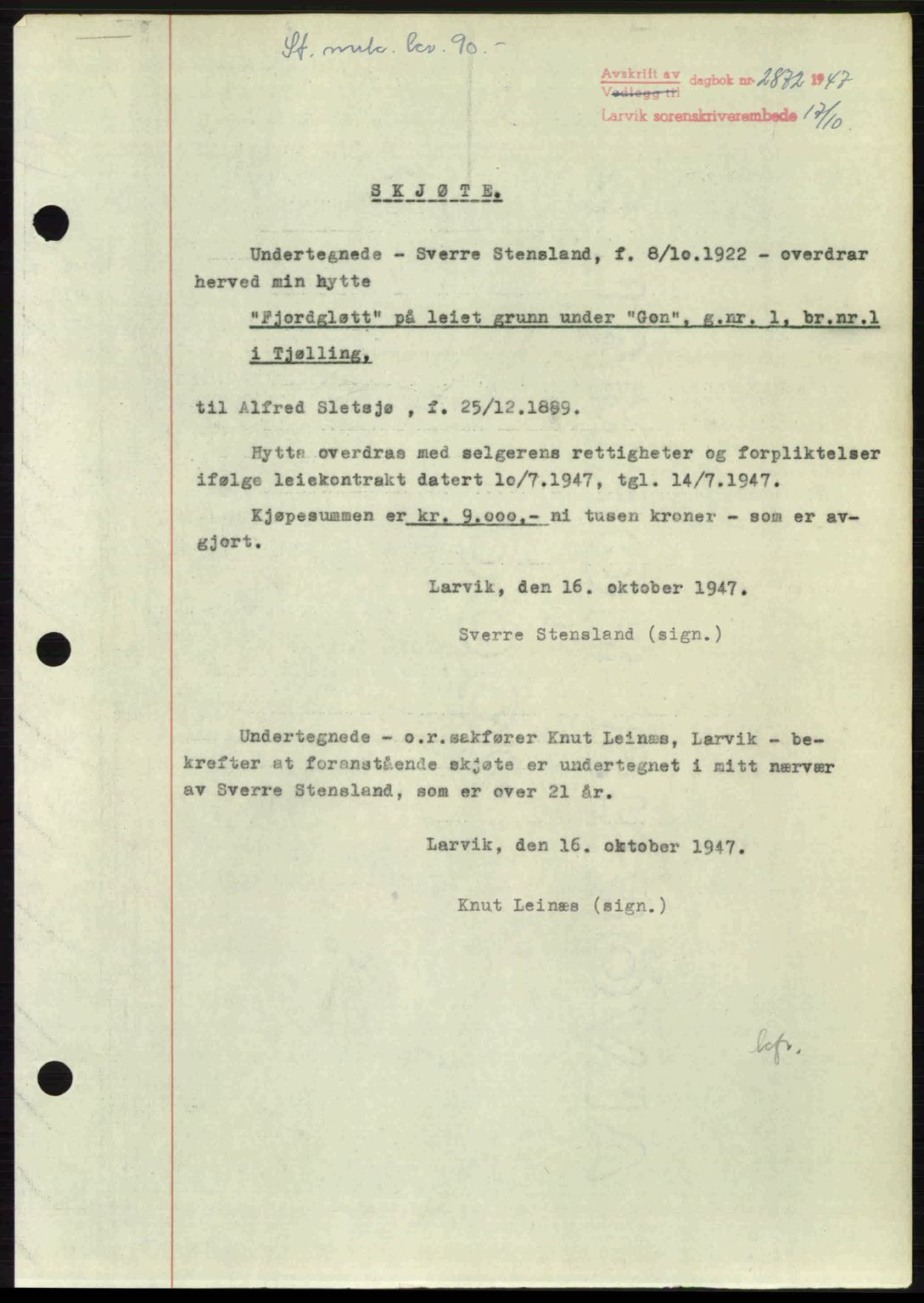 Larvik sorenskriveri, SAKO/A-83/G/Ga/Gab/L0085: Pantebok nr. A-19, 1947-1948, Dagboknr: 2872/1947