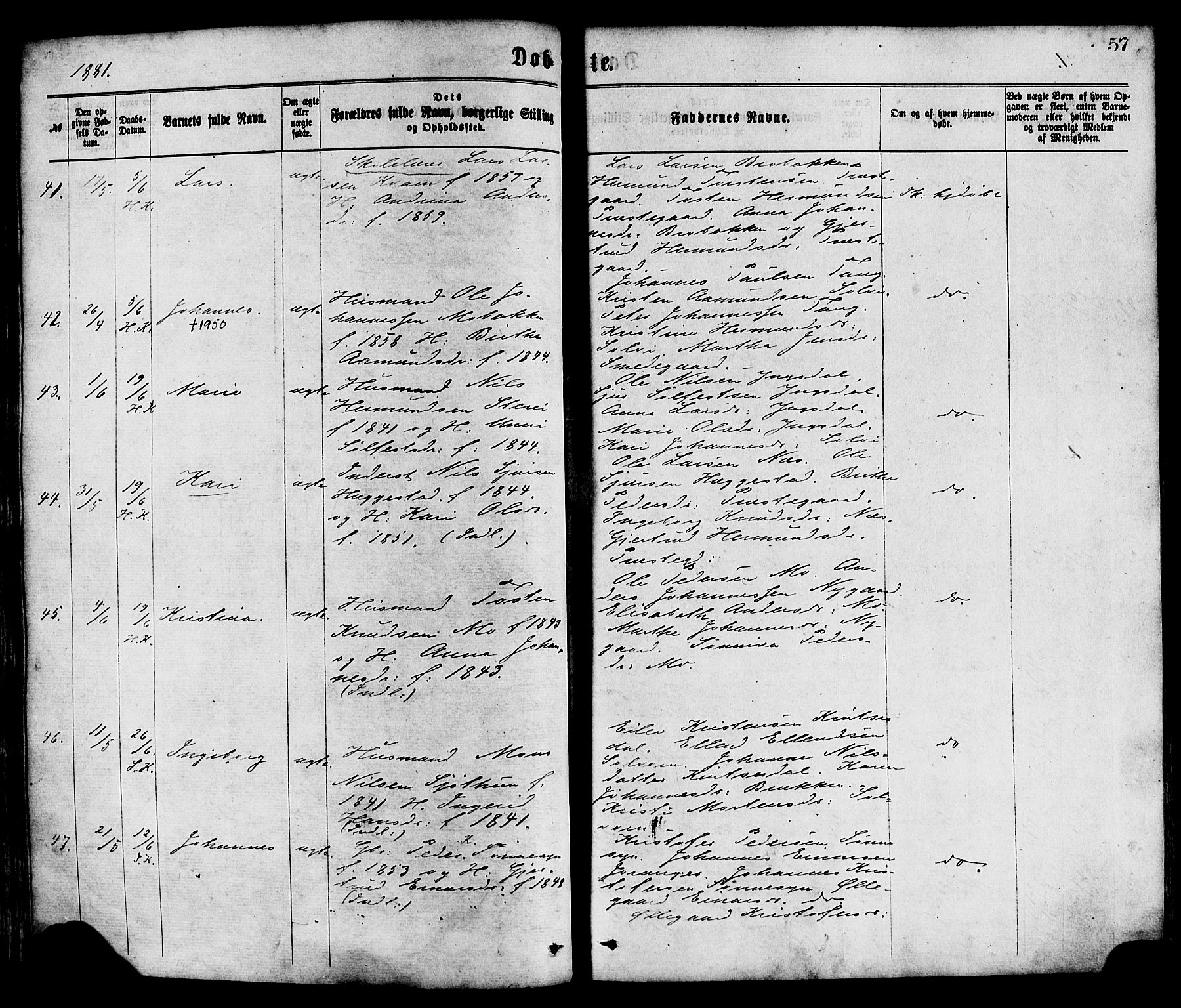 Hafslo sokneprestembete, AV/SAB-A-80301/H/Haa/Haaa/L0011: Ministerialbok nr. A 11, 1873-1886, s. 57