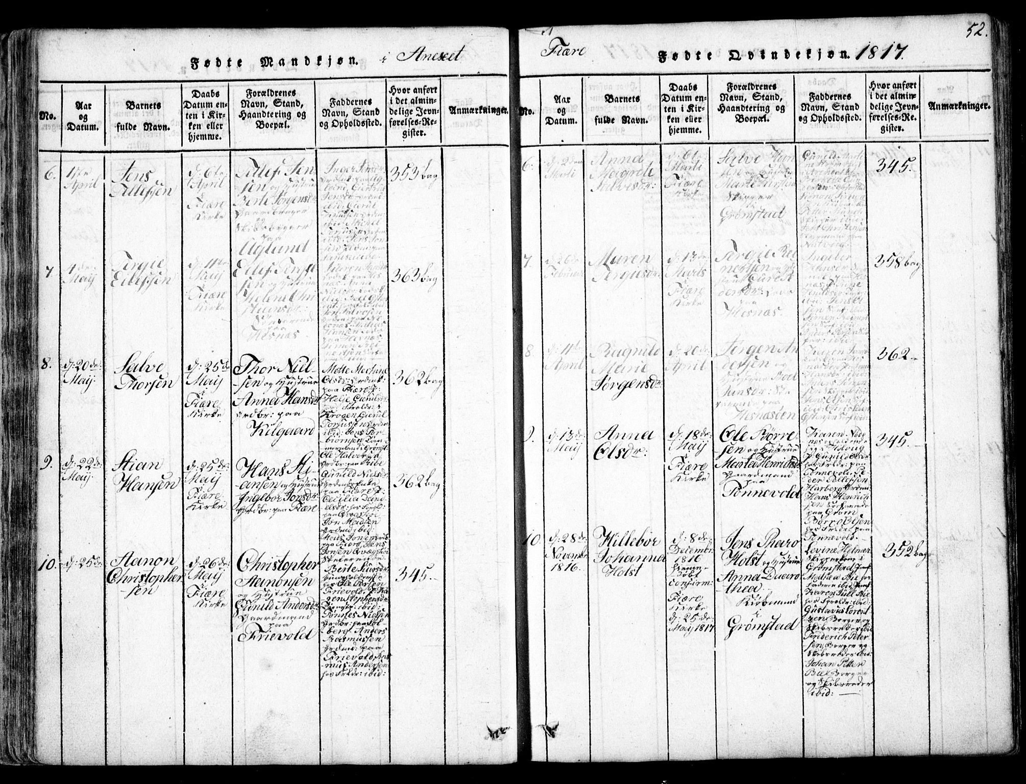 Fjære sokneprestkontor, AV/SAK-1111-0011/F/Fb/L0007: Klokkerbok nr. B 7, 1816-1826, s. 52