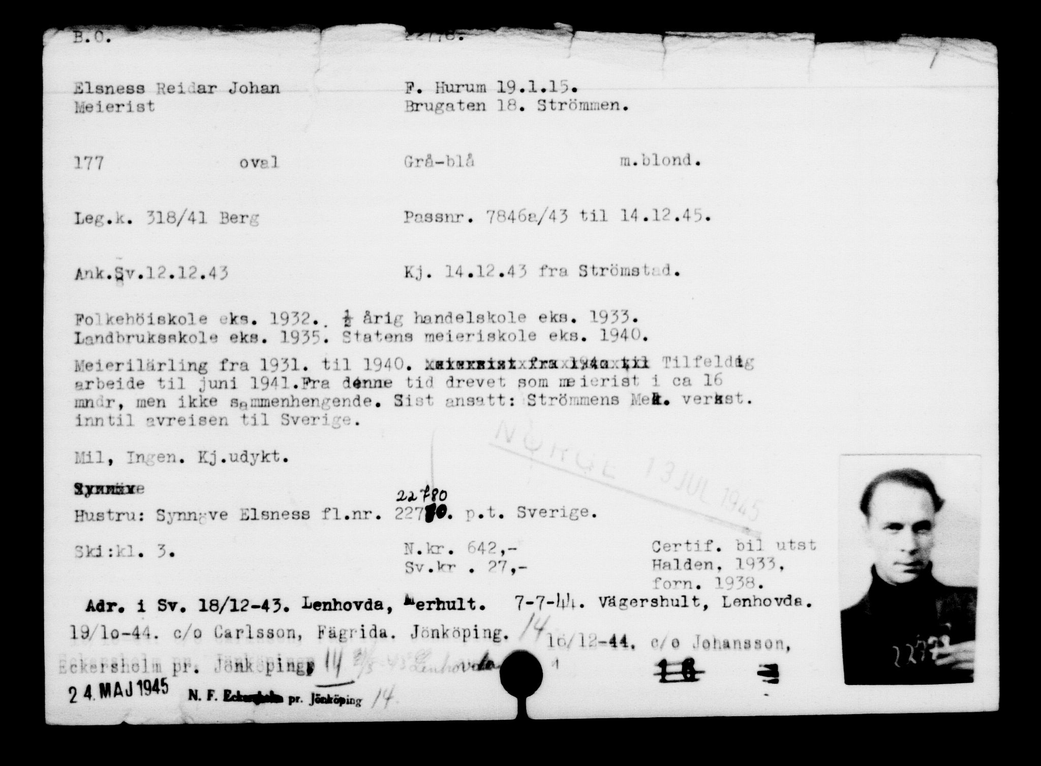 Utenriksstasjonene, Legasjonen i Stockholm, Flyktningkontoret, AV/RA-S-6753/V/Va/L0010: Kjesäterkartoteket, flyktninger med registreringsnr. 22000-25314, 1940-1945, s. 854