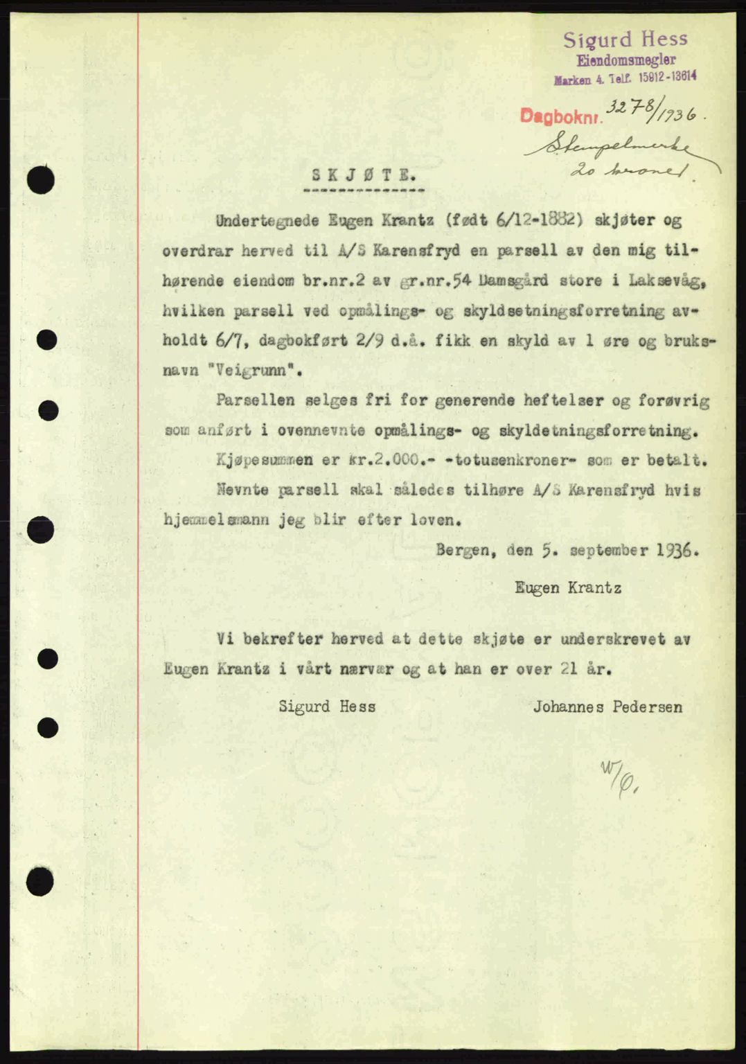 Midhordland sorenskriveri, SAB/A-3001/1/G/Gb/Gbk/L0001: Pantebok nr. A1-6, 1936-1937, Dagboknr: 3278/1936