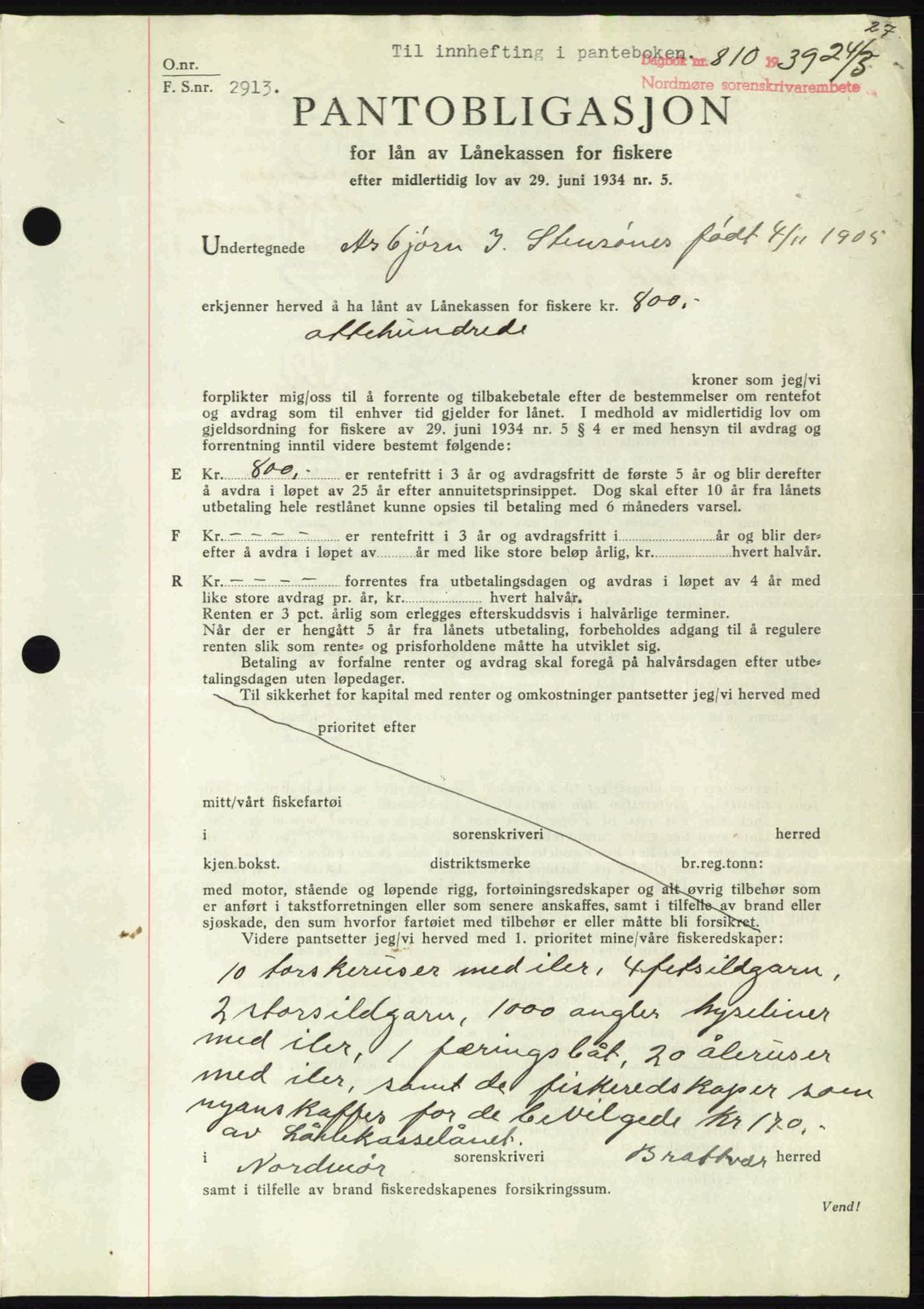 Nordmøre sorenskriveri, AV/SAT-A-4132/1/2/2Ca: Pantebok nr. B85, 1939-1939, Dagboknr: 810/1939