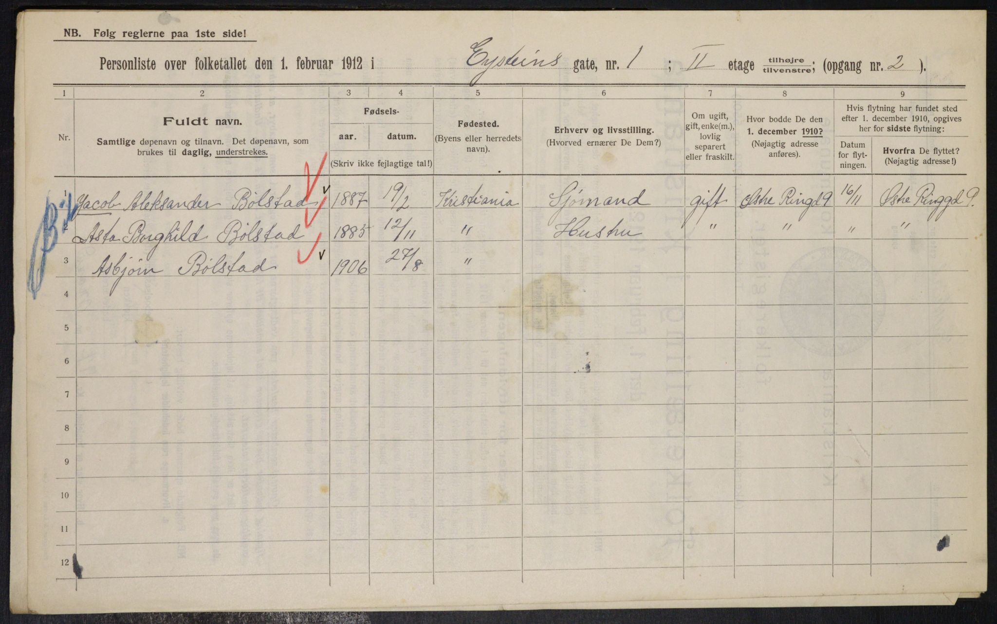 OBA, Kommunal folketelling 1.2.1912 for Kristiania, 1912, s. 130299