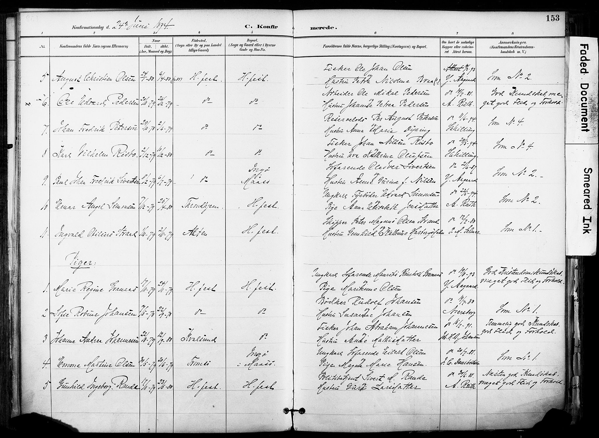 Hammerfest sokneprestkontor, AV/SATØ-S-1347/H/Ha/L0009.kirke: Ministerialbok nr. 9, 1889-1897, s. 153