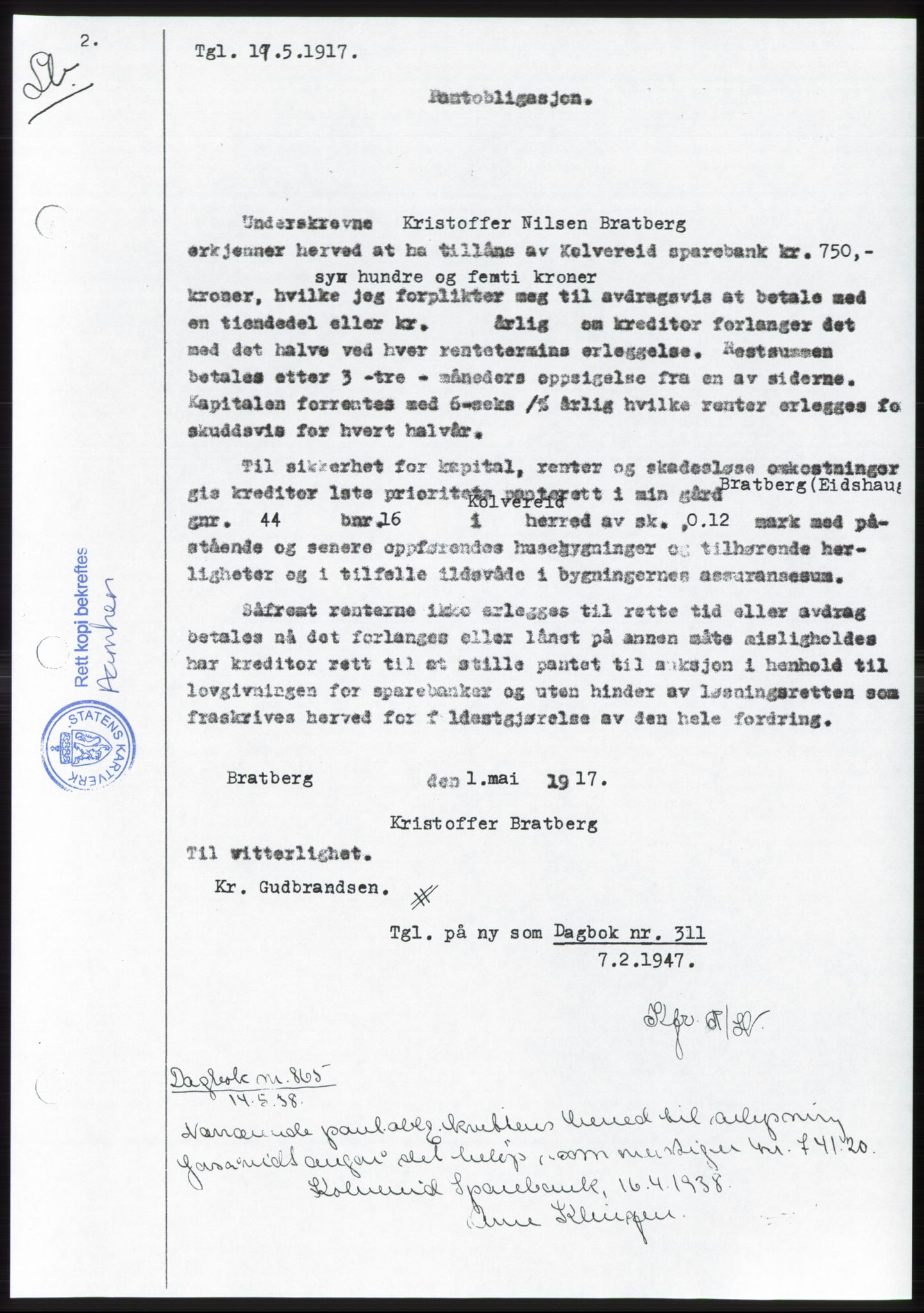 Namdal sorenskriveri, SAT/A-4133/1/2/2C: Pantebok nr. -, 1937-1939, Tingl.dato: 17.05.1938