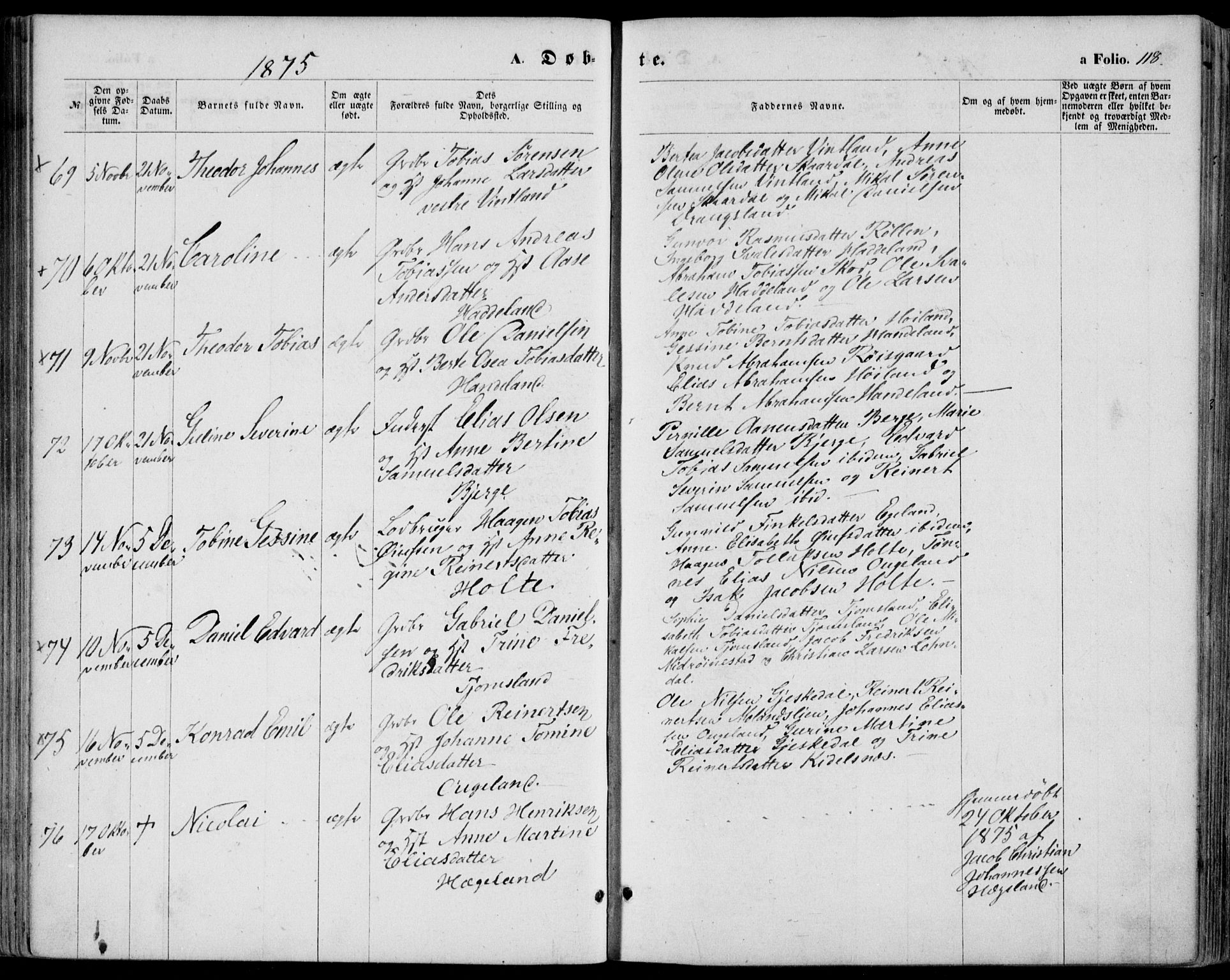 Lyngdal sokneprestkontor, AV/SAK-1111-0029/F/Fa/Fac/L0010: Ministerialbok nr. A 10, 1865-1878, s. 118