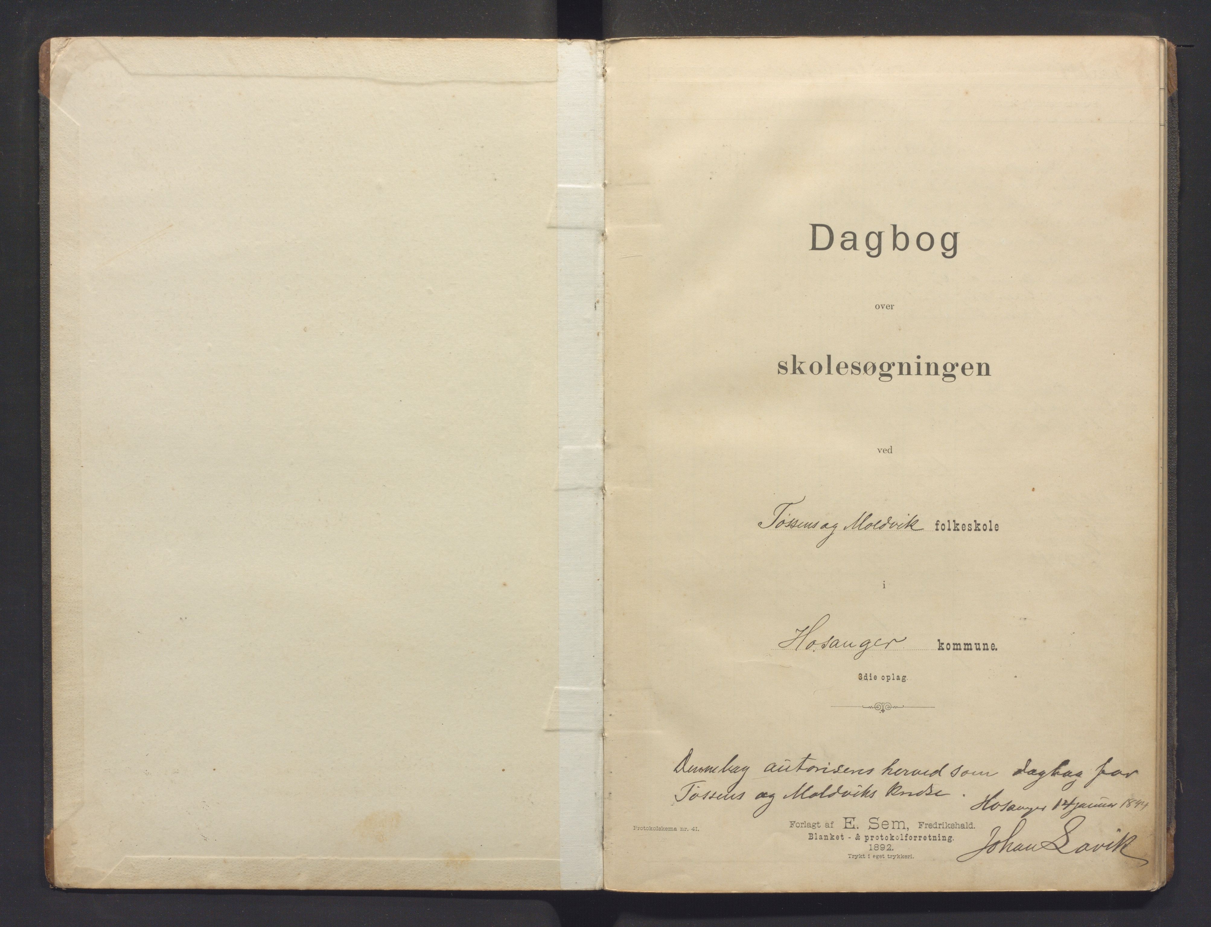 Hosanger kommune. Barneskulane, IKAH/1253a-231/G/Ga/L0013: Dagbok for Tøsse og Molvik krinsar, 1894-1905