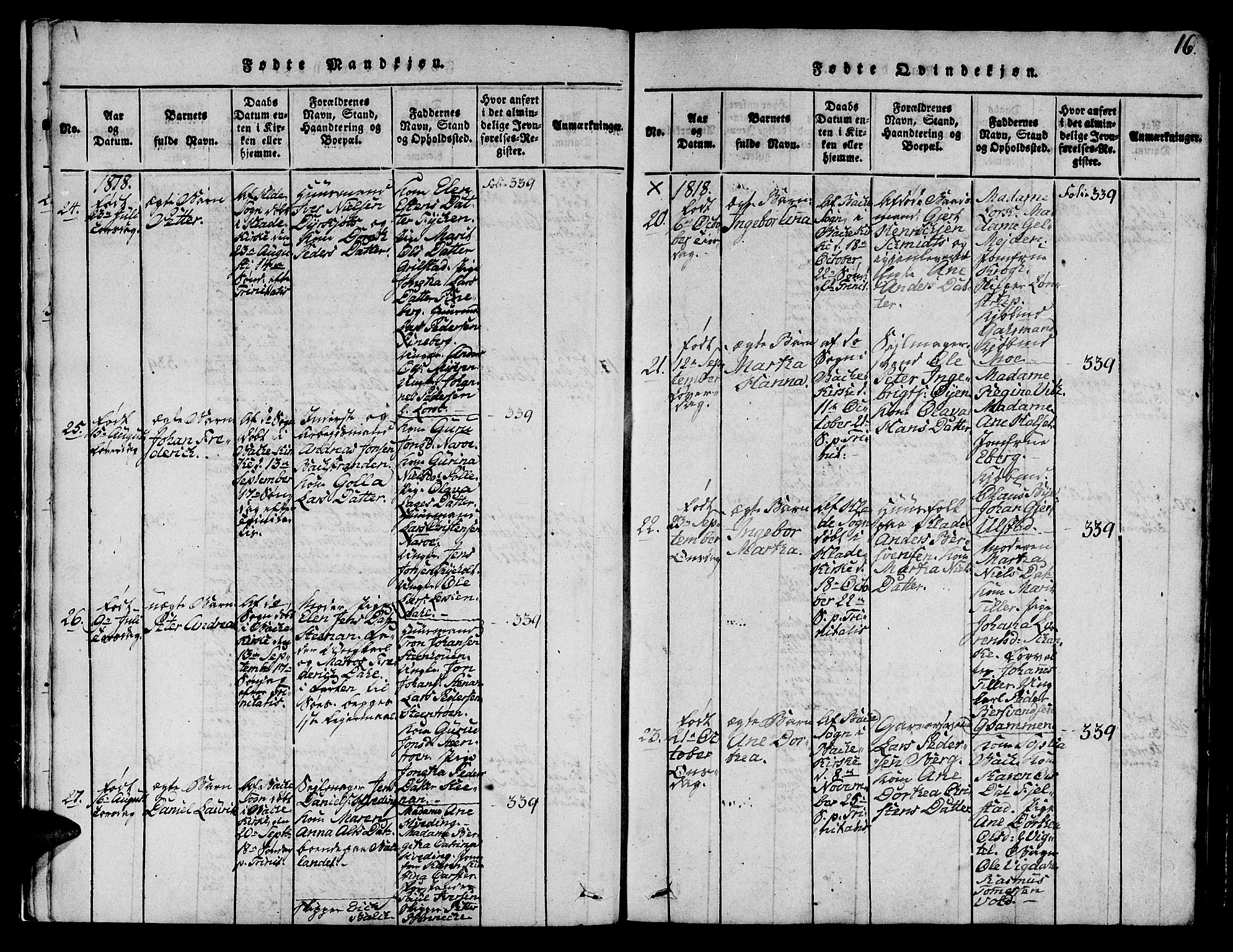 Ministerialprotokoller, klokkerbøker og fødselsregistre - Sør-Trøndelag, SAT/A-1456/606/L0307: Klokkerbok nr. 606C03, 1817-1824, s. 16