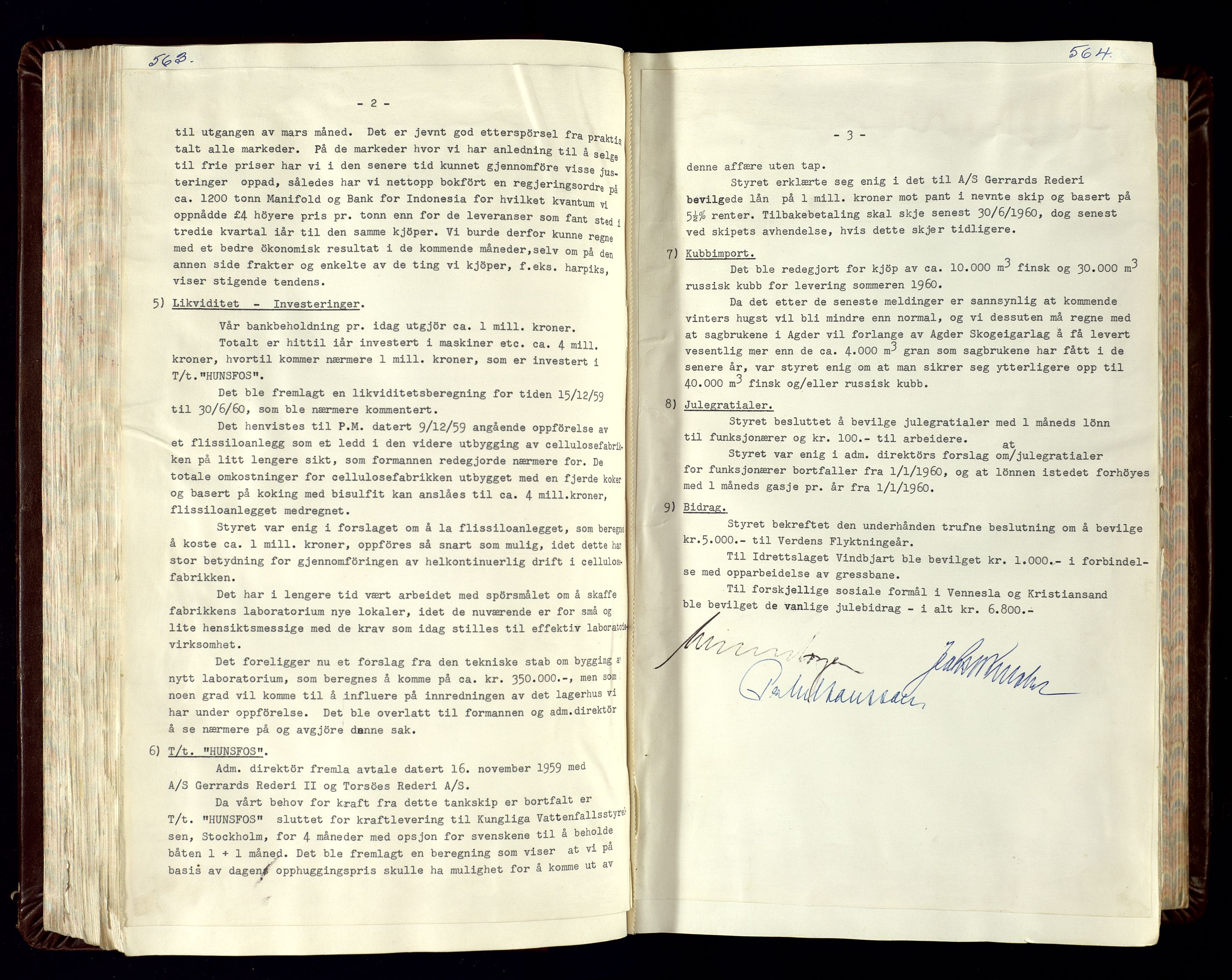 Hunsfos fabrikker, SAK/D/1440/02/L0007: Referatprotokoll fra styremøter (møte nr 114-221), 1951-1964, s. 563-564