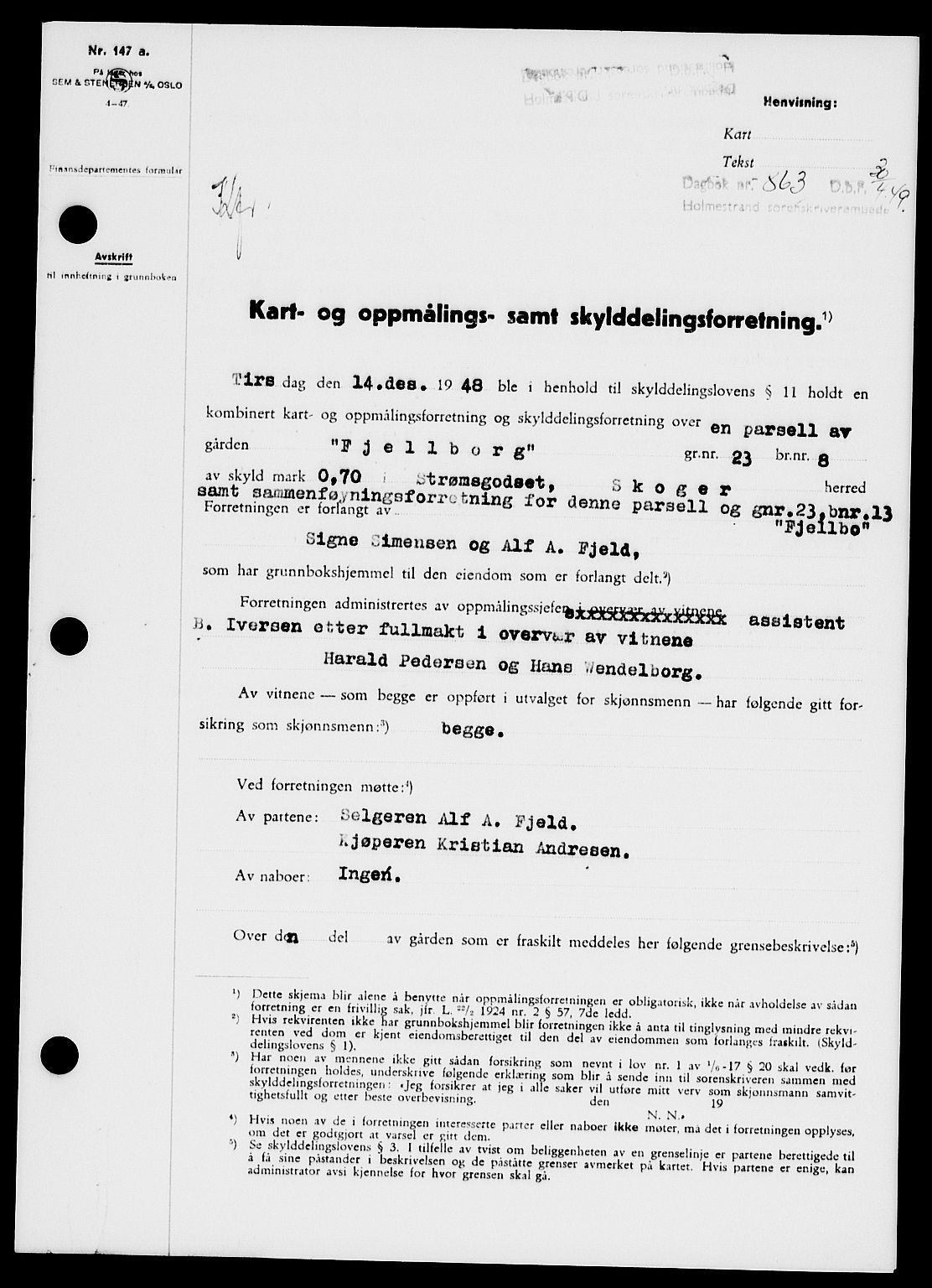 Holmestrand sorenskriveri, SAKO/A-67/G/Ga/Gaa/L0066: Pantebok nr. A-66, 1949-1949, Dagboknr: 863/1949