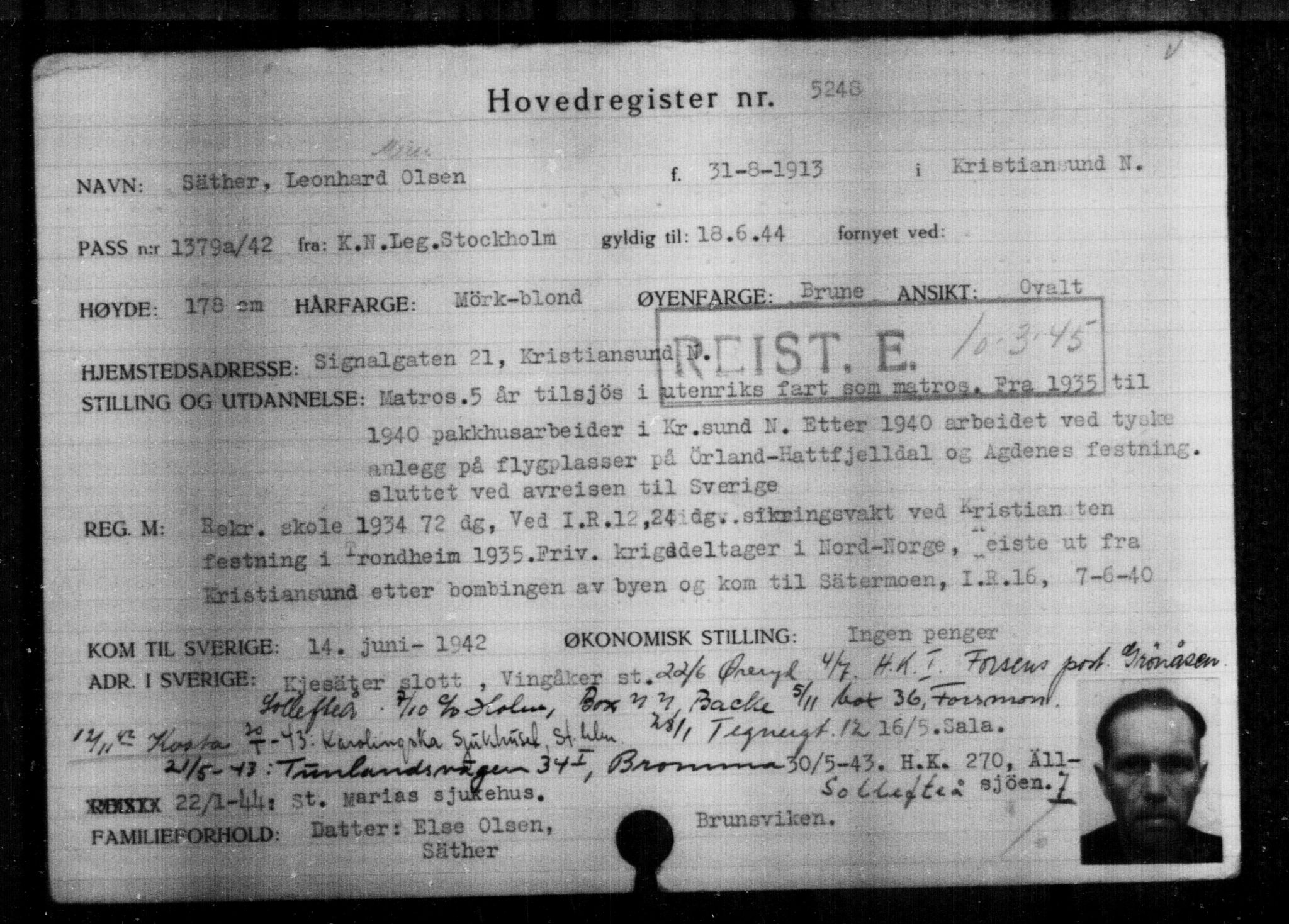 Utenriksstasjonene, Legasjonen i Stockholm, Flyktningkontoret, AV/RA-S-6753/V/Va/L0004: Kjesäterkartoteket, flyktninger med registreringsnr. 3496-6610, 1940-1945, s. 2014