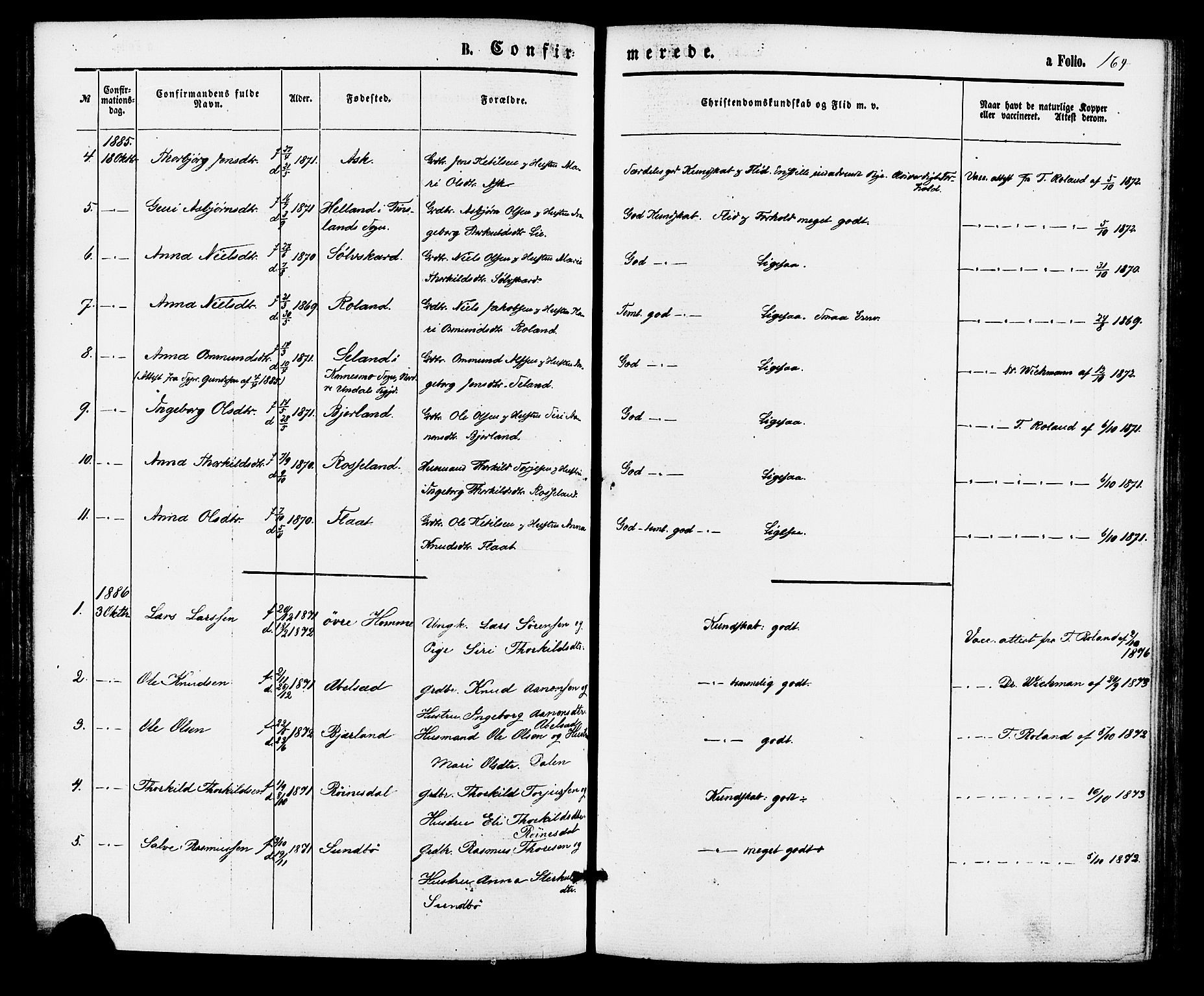 Bjelland sokneprestkontor, SAK/1111-0005/F/Fa/Faa/L0003: Ministerialbok nr. A 3, 1867-1887, s. 164