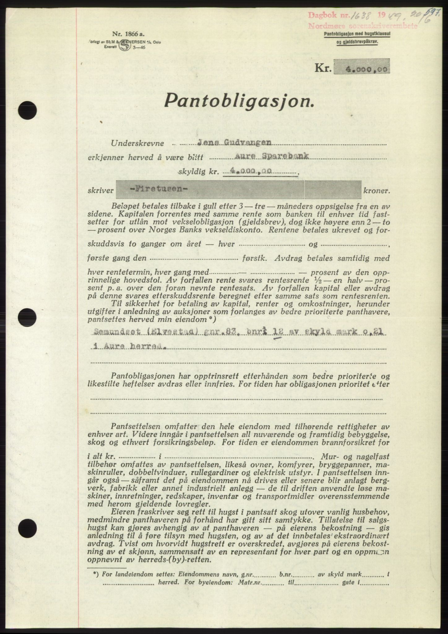 Nordmøre sorenskriveri, SAT/A-4132/1/2/2Ca: Pantebok nr. B101, 1949-1949, Dagboknr: 1638/1949