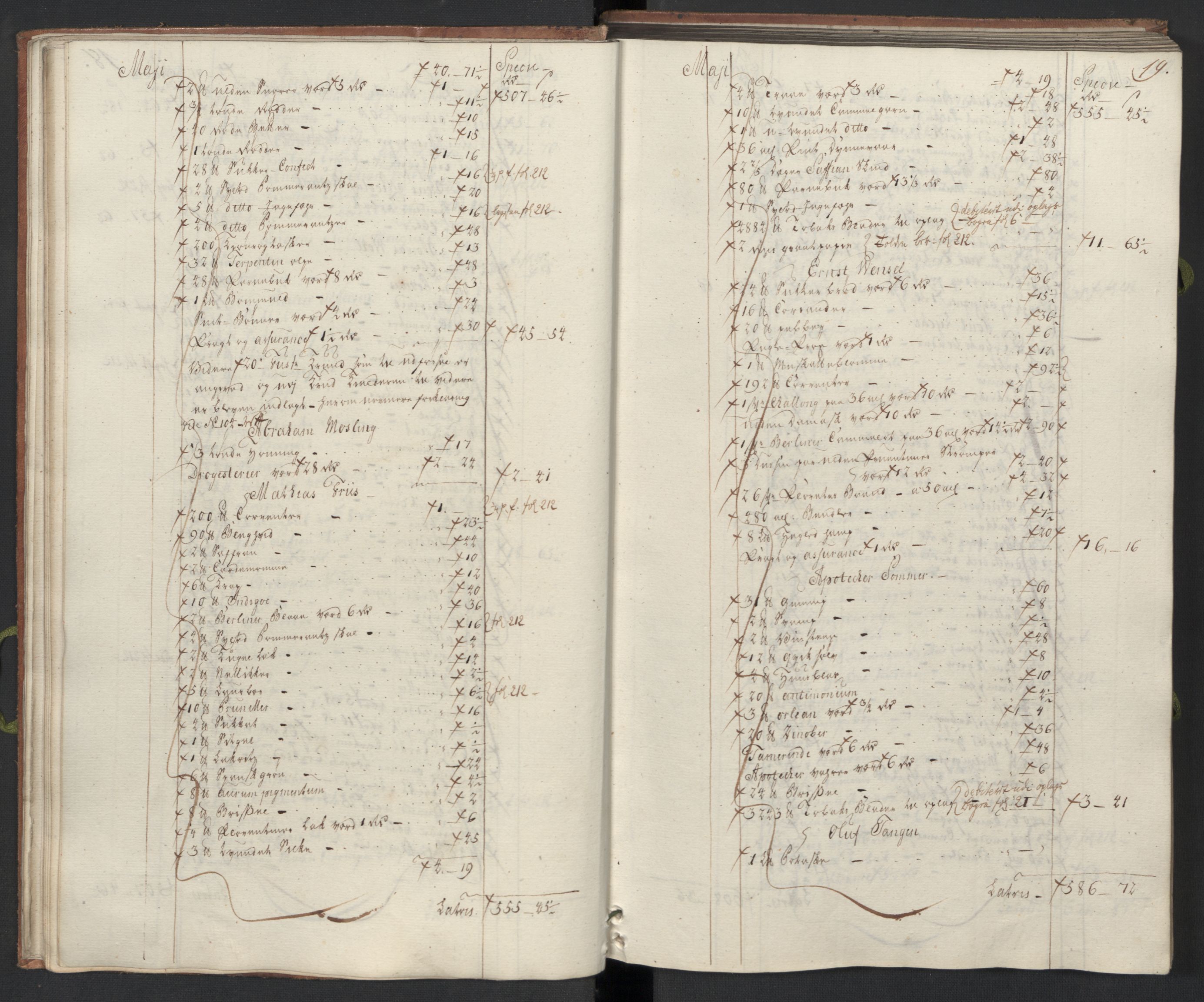 Generaltollkammeret, tollregnskaper, AV/RA-EA-5490/R33/L0074/0001: Tollregnskaper Trondheim A / Inngående hovedtollbok, 1762, s. 18b-19a