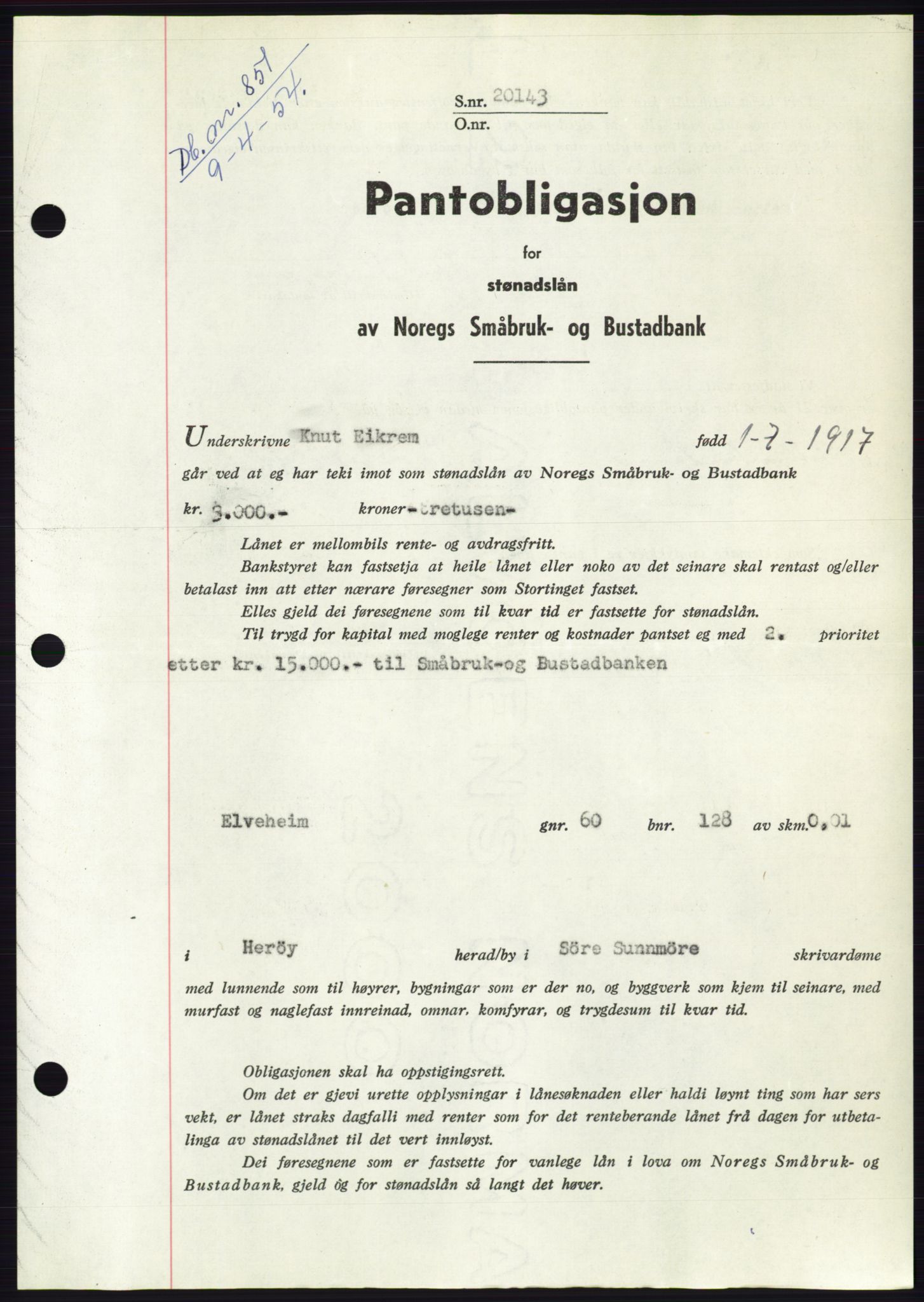 Søre Sunnmøre sorenskriveri, SAT/A-4122/1/2/2C/L0124: Pantebok nr. 12B, 1953-1954, Dagboknr: 851/1954
