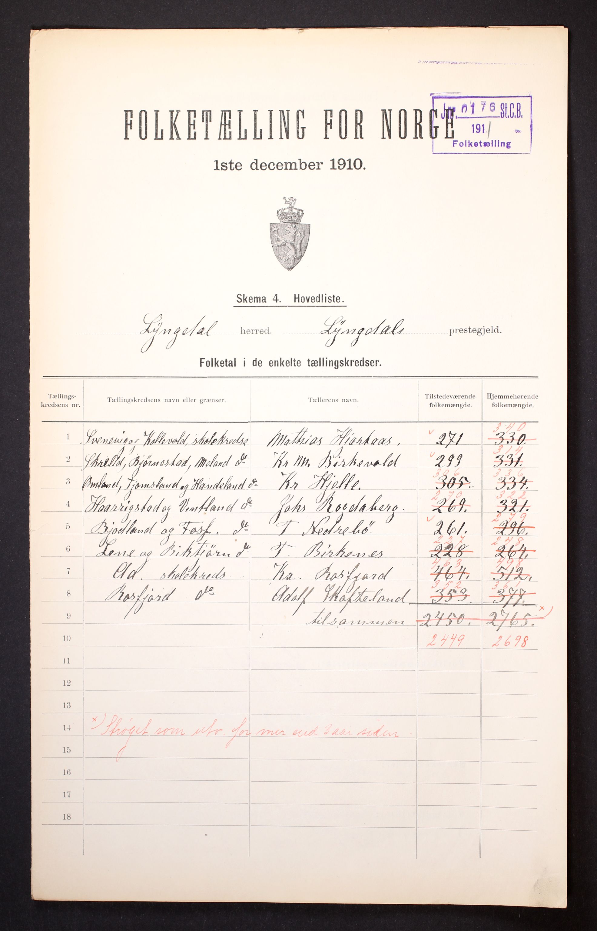 RA, Folketelling 1910 for 1032 Lyngdal herred, 1910, s. 2