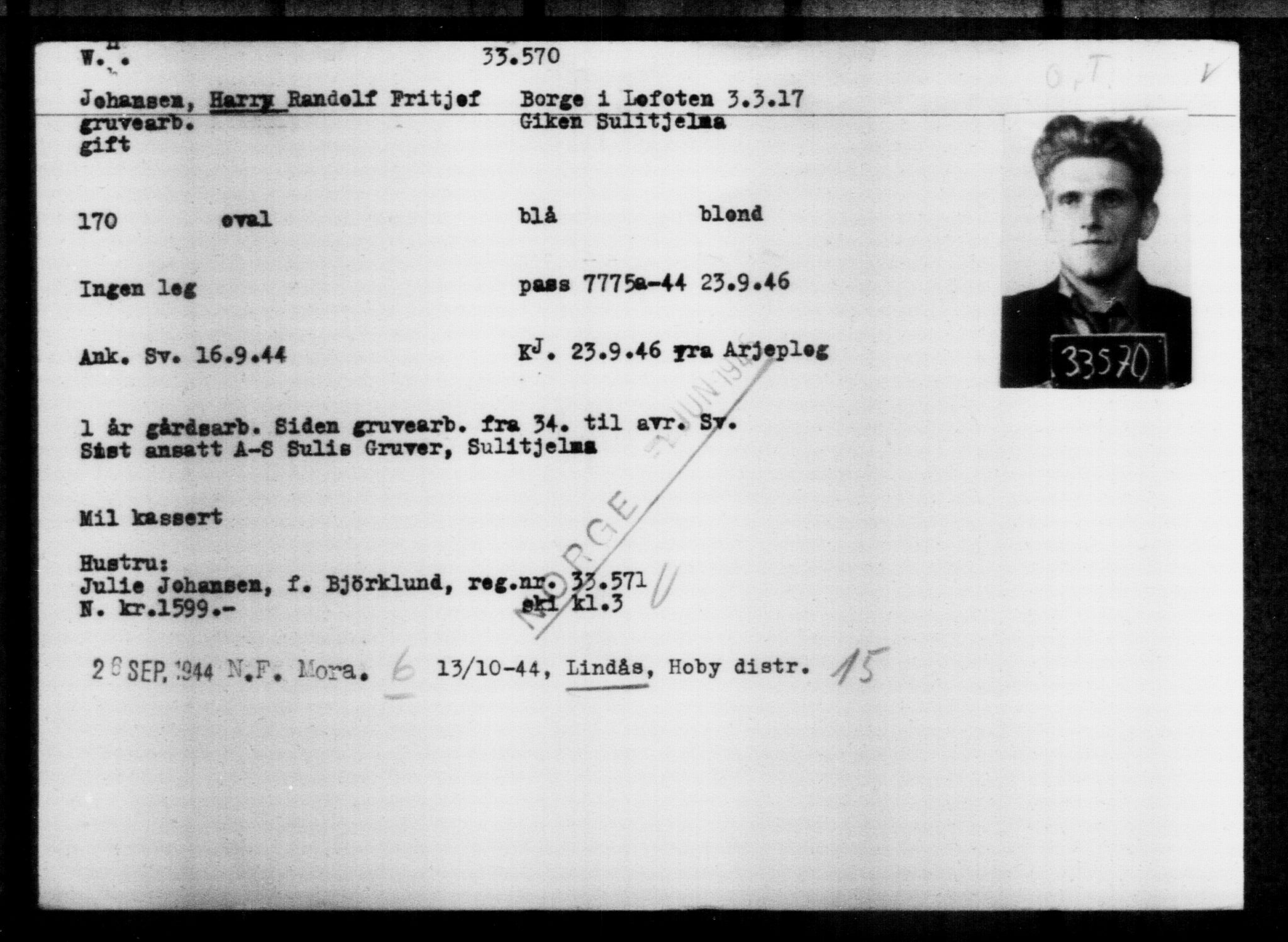Utenriksstasjonene, Legasjonen i Stockholm, Flyktningkontoret, AV/RA-S-6753/V/Va/L0013: Kjesäterkartoteket, flyktninger med registreringsnr. 31500-34731, 1940-1945, s. 2186