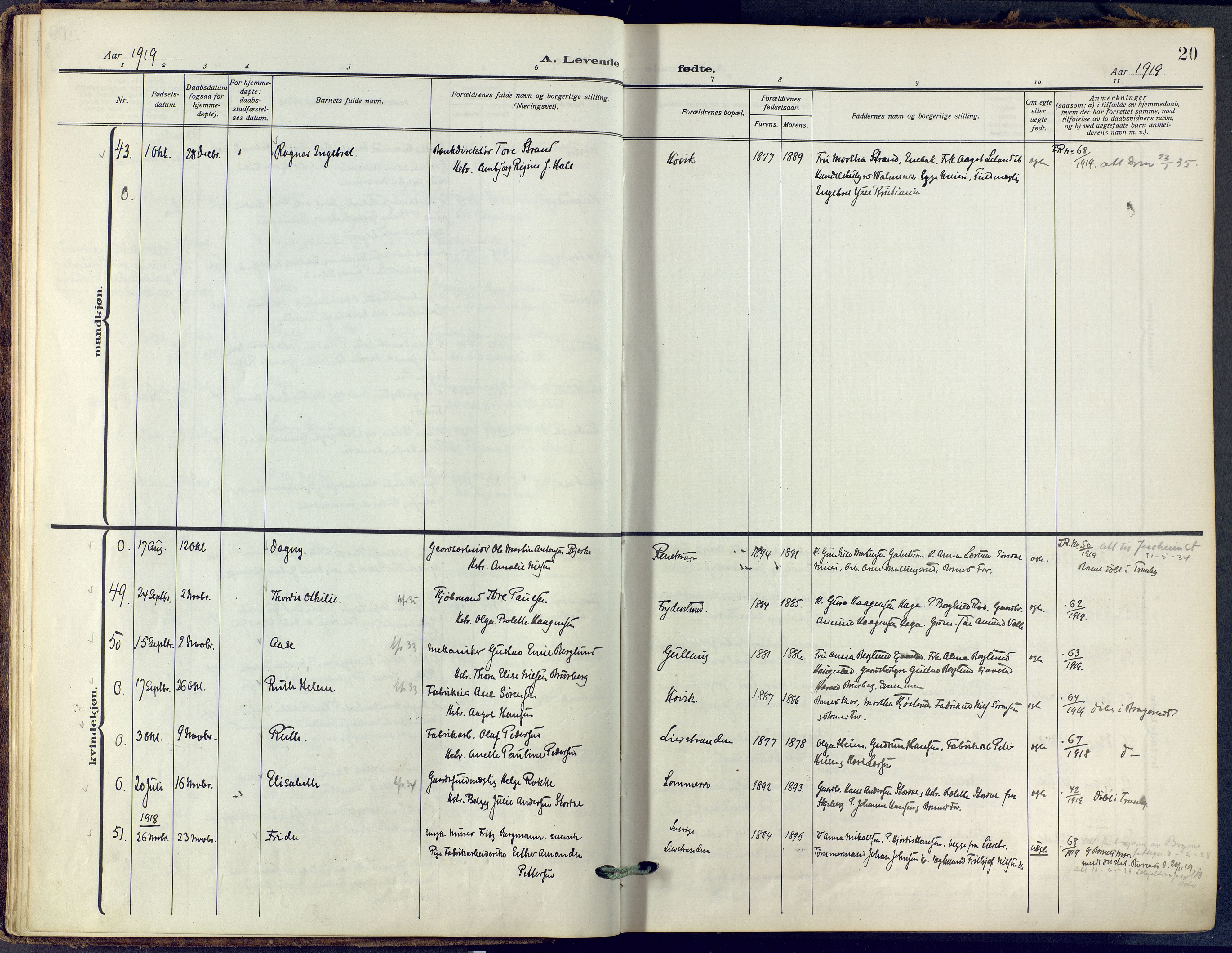 Lier kirkebøker, AV/SAKO-A-230/F/Fa/L0019: Ministerialbok nr. I 19, 1918-1928, s. 20