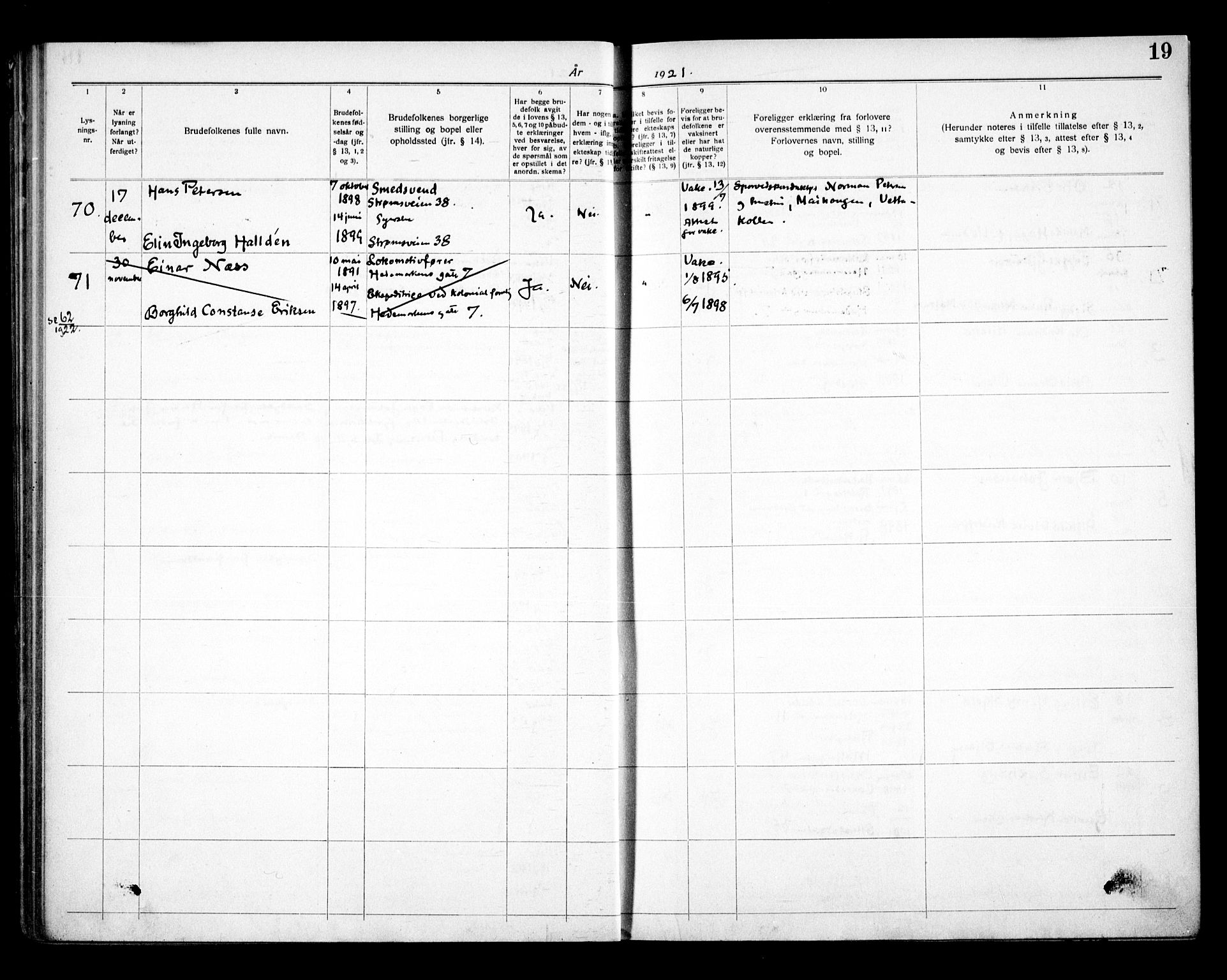 Vålerengen prestekontor Kirkebøker, AV/SAO-A-10878/H/Ha/L0003: Lysningsprotokoll nr. 3, 1919-1932, s. 19