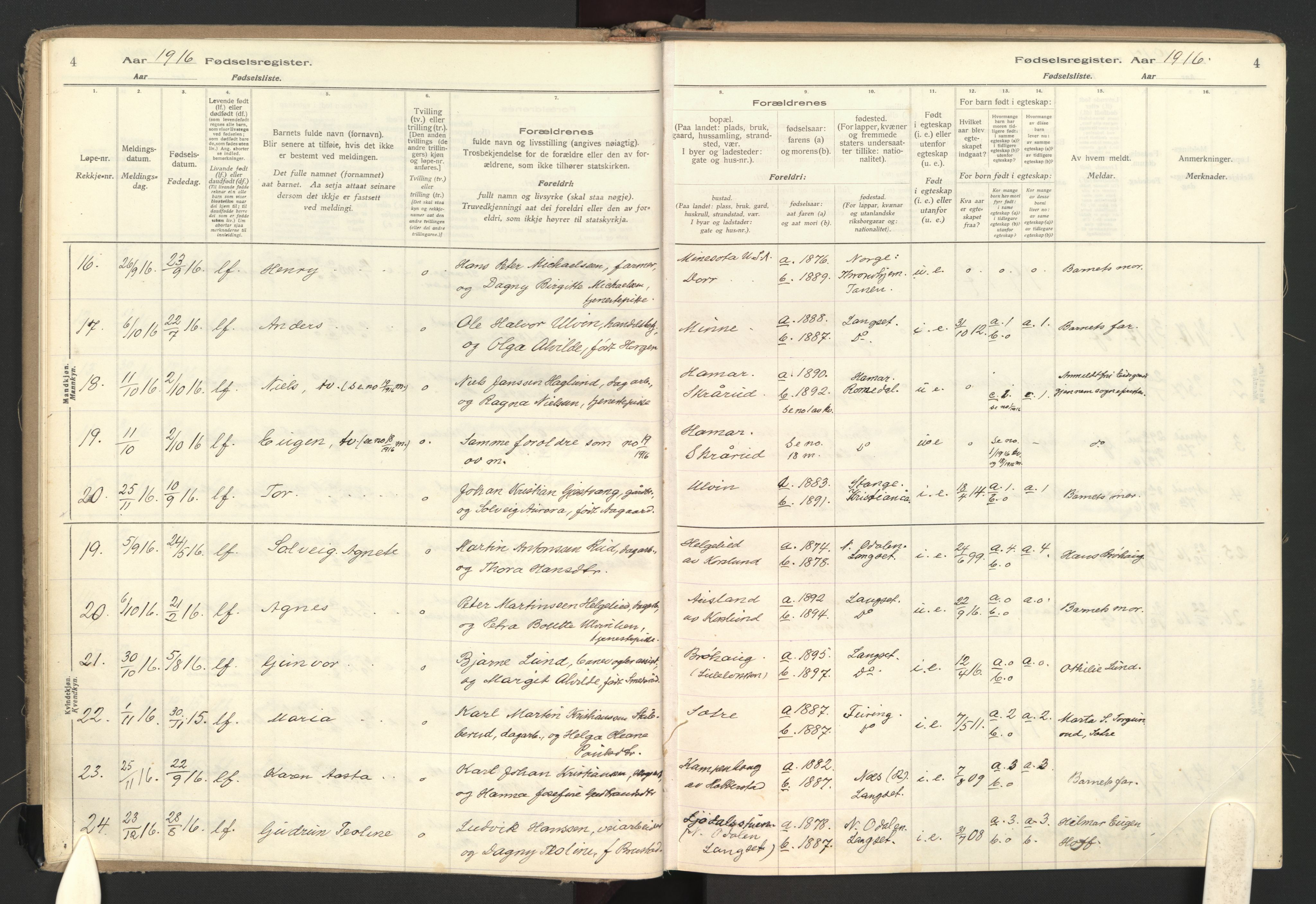 Eidsvoll prestekontor Kirkebøker, SAO/A-10888: Fødselsregister nr. II 1, 1916-1959, s. 4