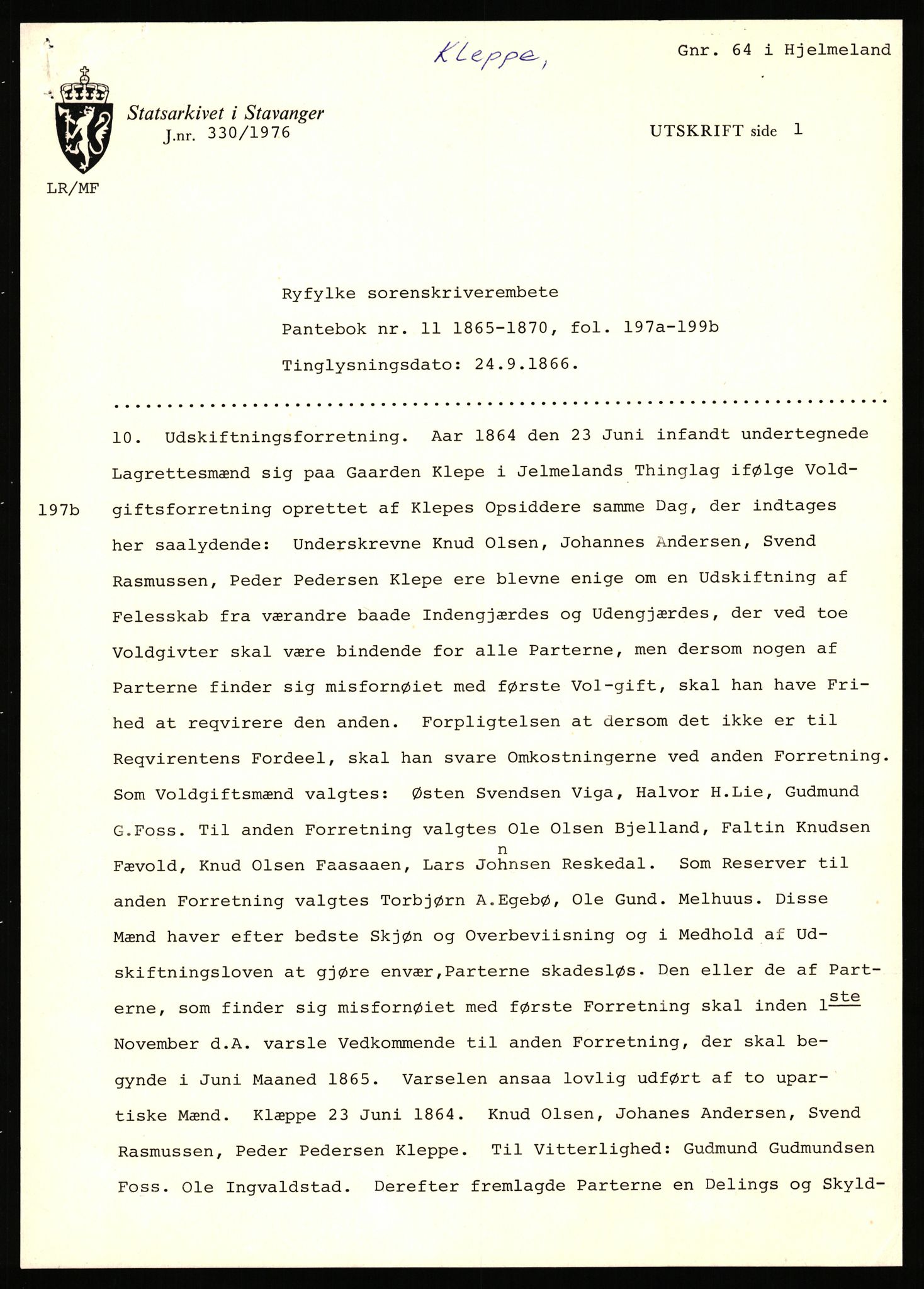 Statsarkivet i Stavanger, AV/SAST-A-101971/03/Y/Yj/L0047: Avskrifter sortert etter gårdsnavn: Kirketeigen - Klovning, 1750-1930, s. 446