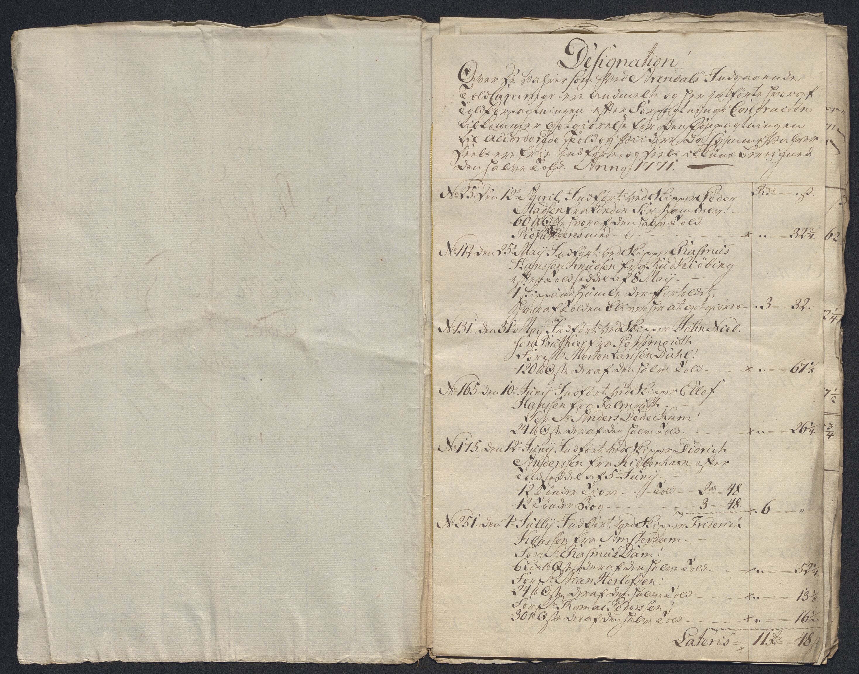 Generaltollkammeret, tollregnskaper, AV/RA-EA-5490/R15/L0070/0002: Tollregnskaper Arendal / Dokumenter til de reserverte intrader, 1771, s. 3