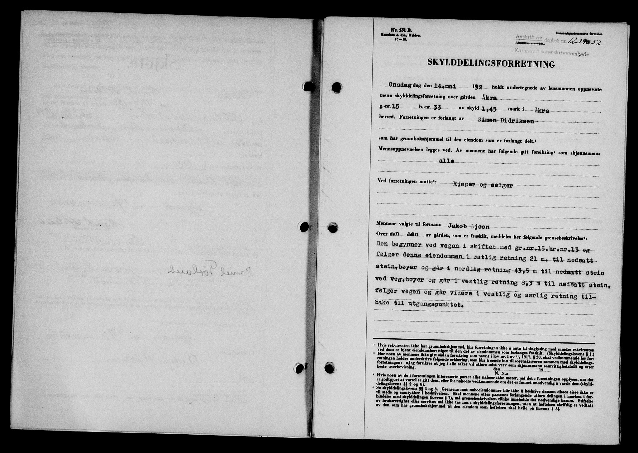 Karmsund sorenskriveri, SAST/A-100311/01/II/IIB/L0105: Pantebok nr. 85A, 1952-1952, Dagboknr: 1239/1952
