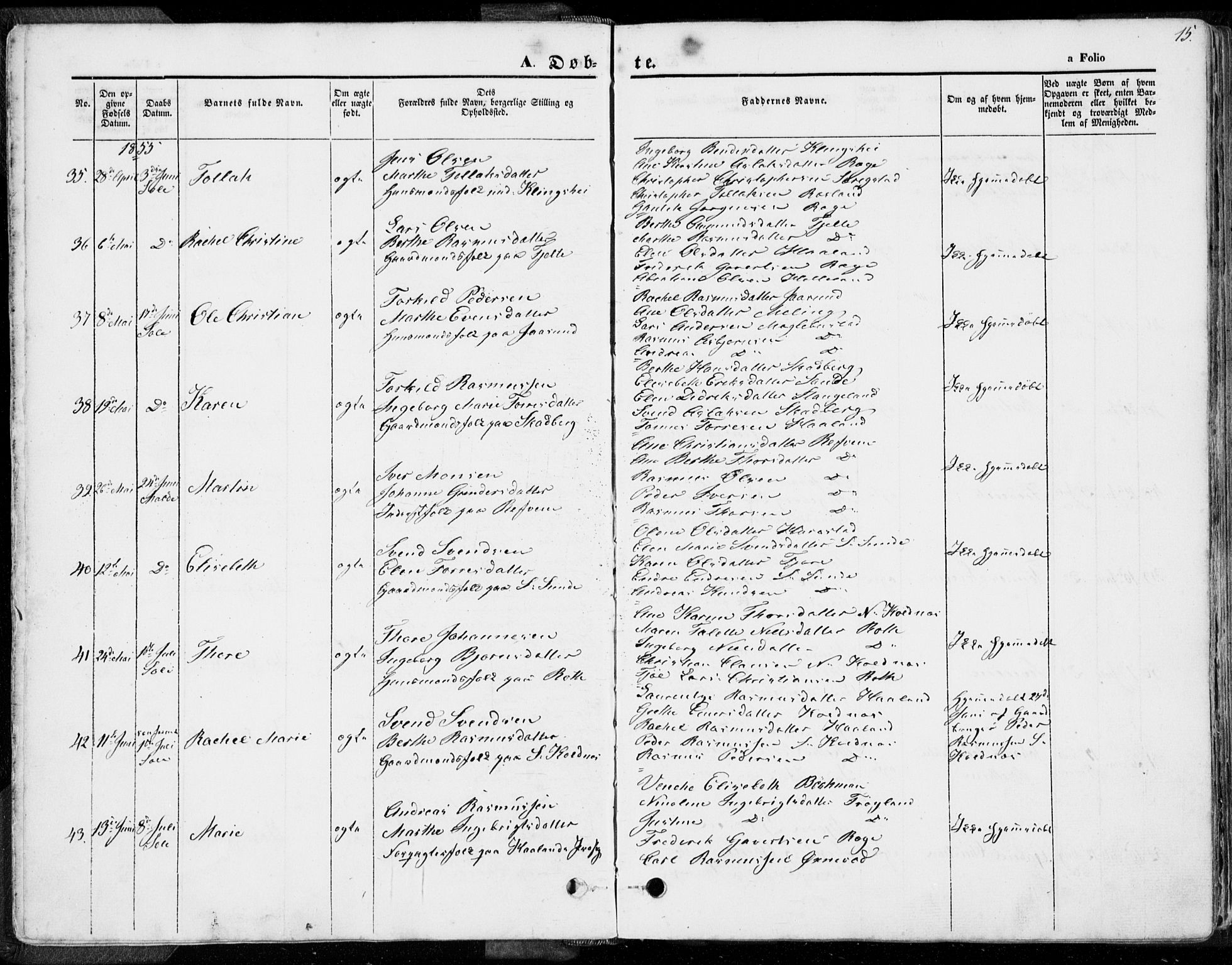 Håland sokneprestkontor, AV/SAST-A-101802/001/30BA/L0007: Ministerialbok nr. A 7.1, 1854-1870, s. 15