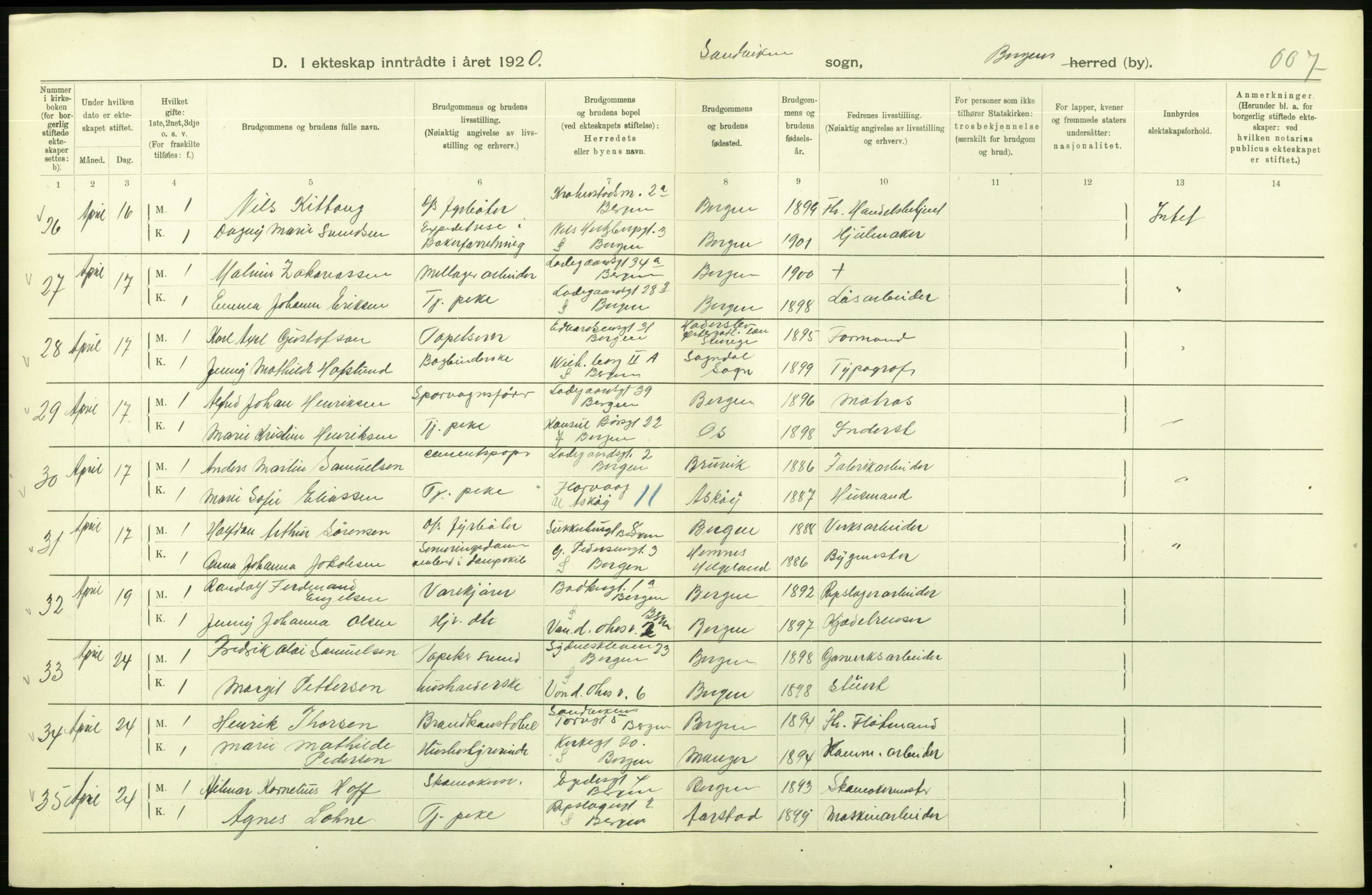 Statistisk sentralbyrå, Sosiodemografiske emner, Befolkning, AV/RA-S-2228/D/Df/Dfb/Dfbj/L0042: Bergen: Gifte, døde, dødfødte., 1920, s. 82