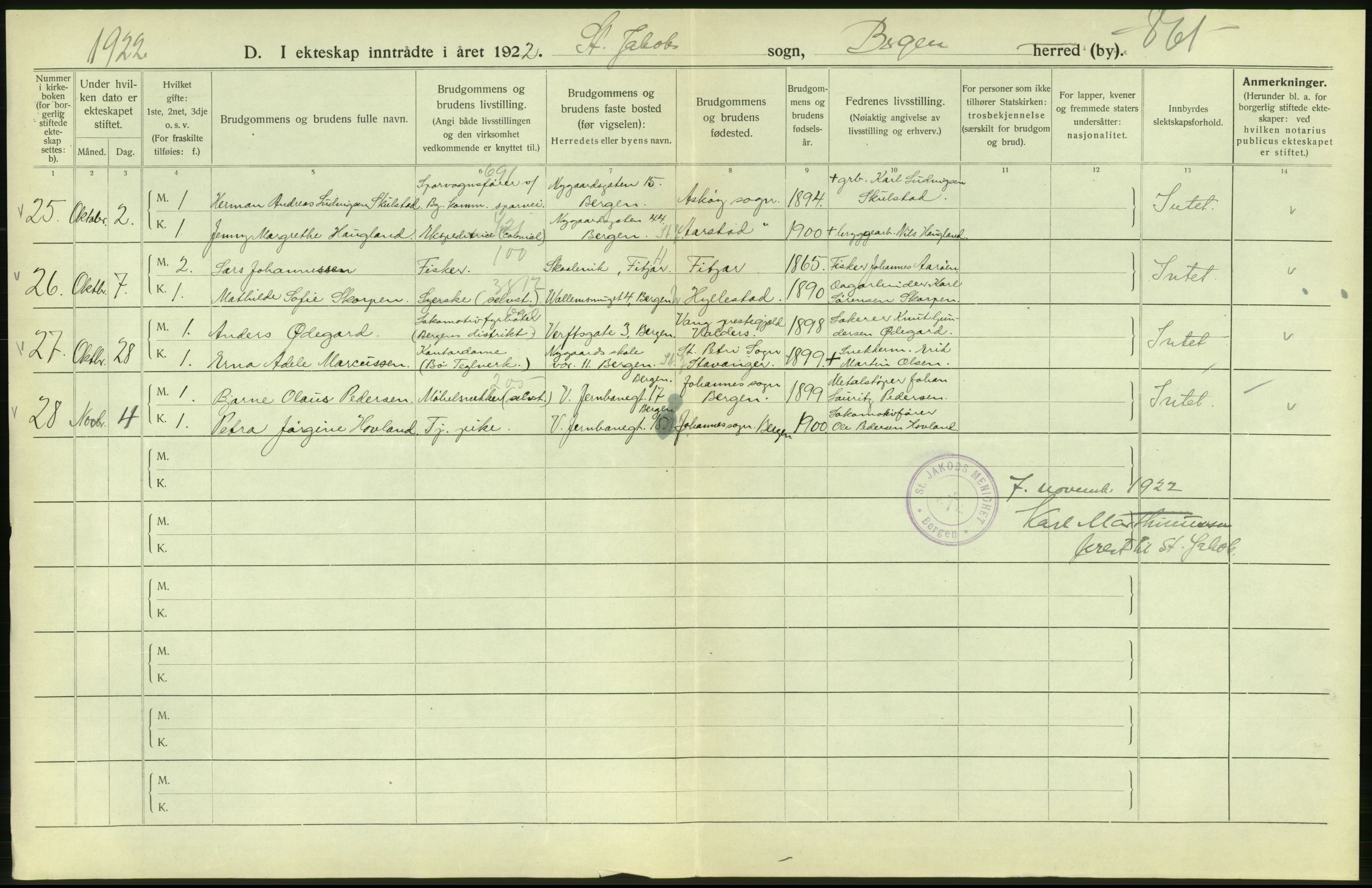Statistisk sentralbyrå, Sosiodemografiske emner, Befolkning, AV/RA-S-2228/D/Df/Dfc/Dfcb/L0030: Bergen: Gifte, døde, dødfødte., 1922, s. 26