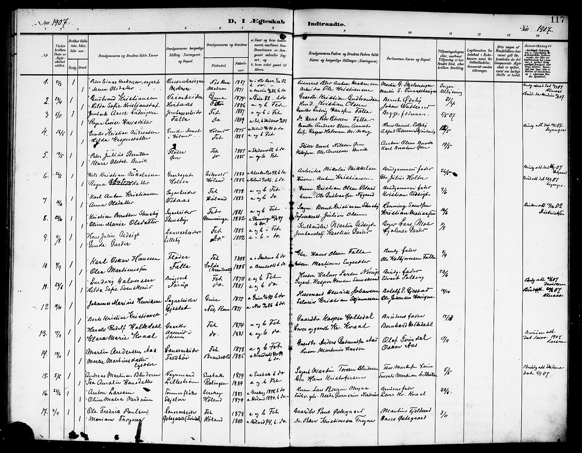 Fet prestekontor Kirkebøker, AV/SAO-A-10370a/G/Ga/L0008: Klokkerbok nr. I 8, 1907-1920, s. 117