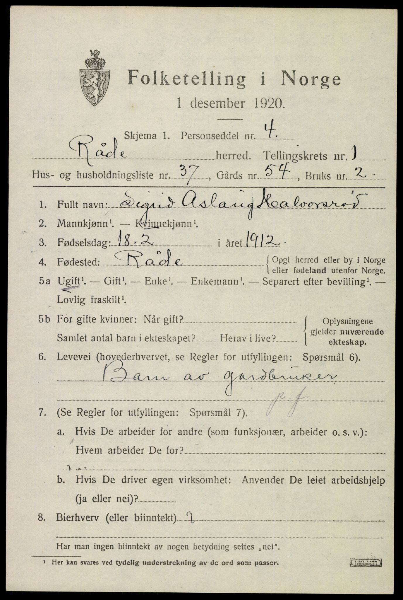 SAO, Folketelling 1920 for 0135 Råde herred, 1920, s. 1556