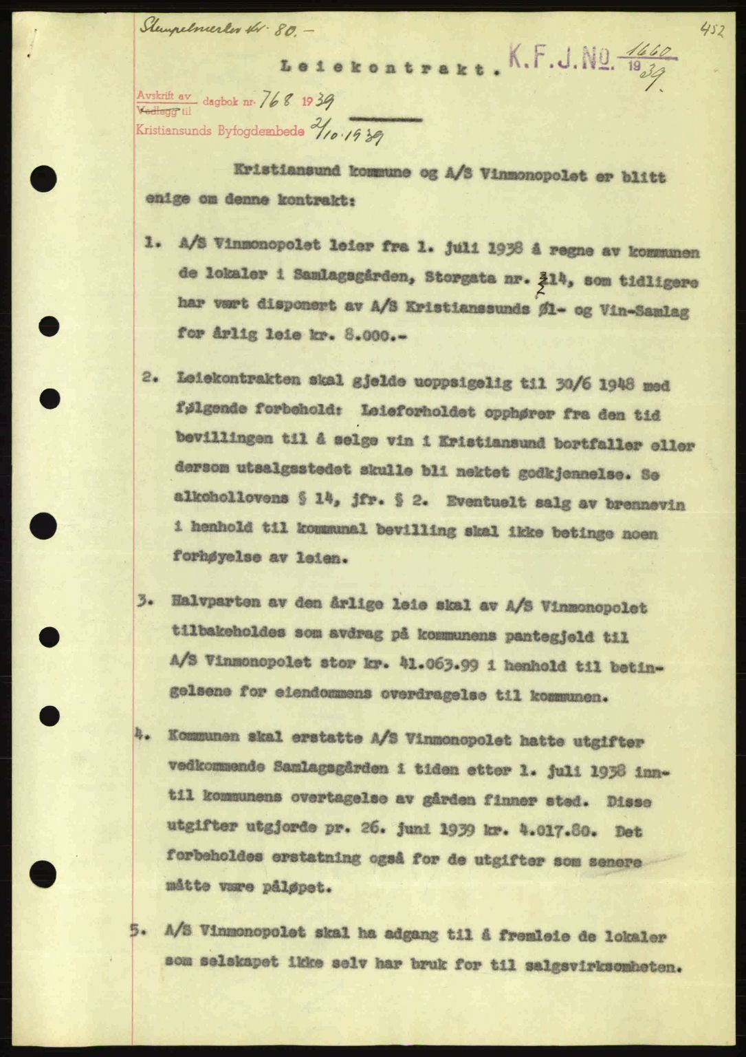 Kristiansund byfogd, SAT/A-4587/A/27: Pantebok nr. 31, 1938-1939, Dagboknr: 768/1939