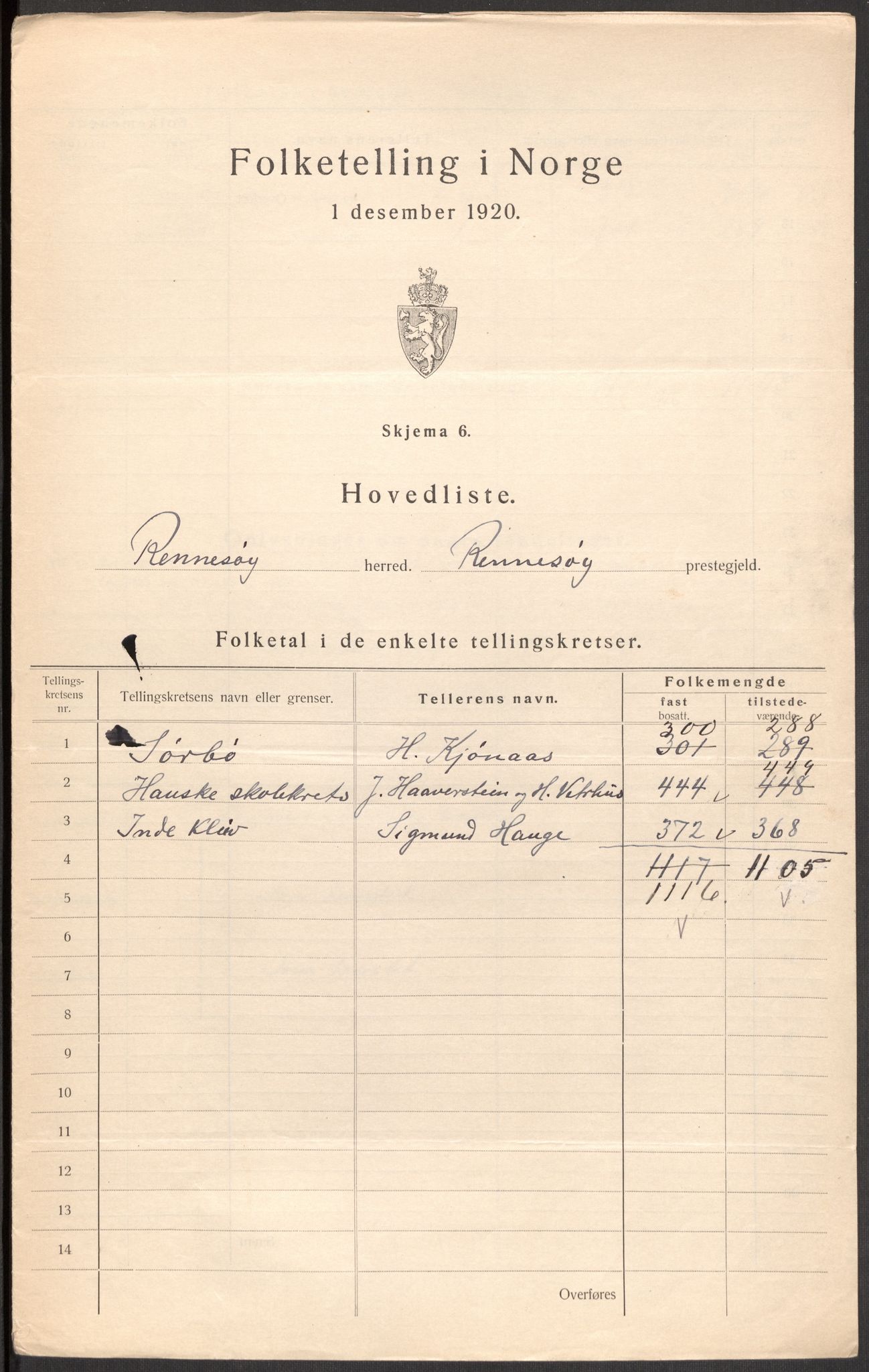 SAST, Folketelling 1920 for 1142 Rennesøy herred, 1920, s. 4